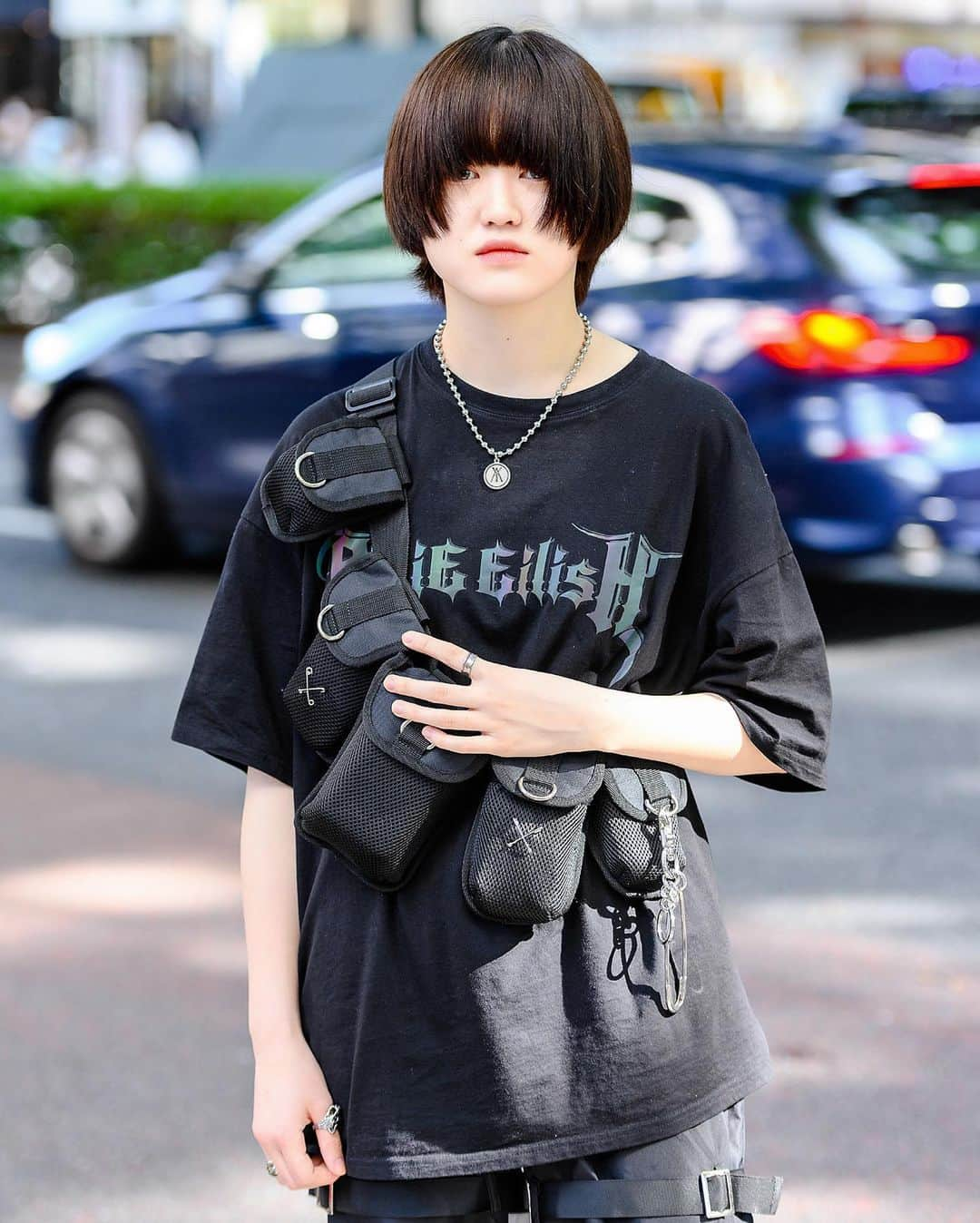 Harajuku Japanさんのインスタグラム写真 - (Harajuku JapanInstagram)「18-year-old Japanese students Yuika (@l.only_flower) and Unu (@uhmmm___48) on the street in Harajuku wearing monochrome street styles with a Billie Eilish tee, reflective strap pants, a crossbody utility bag, Prada, Dr. Martens, and 23.65 sneakers.」11月3日 4時33分 - tokyofashion