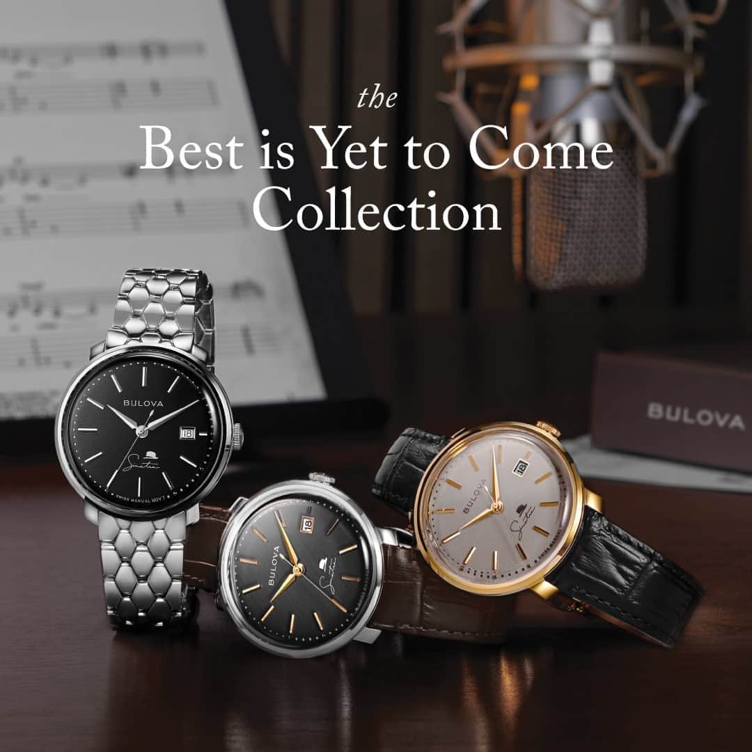 ブローバのインスタグラム：「Bulova’s newest collection celebrates Frank Sinatra with four vintage-inspired timepieces named after some of his best-known songs and featuring unmistakable design elements associated with the iconic American performer. “The Best is Yet to Come” features a distinctive 40mm round case. #Bulova — ⏱: 96B345 MSRP: $1,150.00 USD CASE: ø 40 mm — ⏱: 97B195 MSRP: $1,195.00 USD CASE: ø 40 mm — ⏱: 96B346 MSRP: $1,350.00 USD CASE: ø 40 mm」