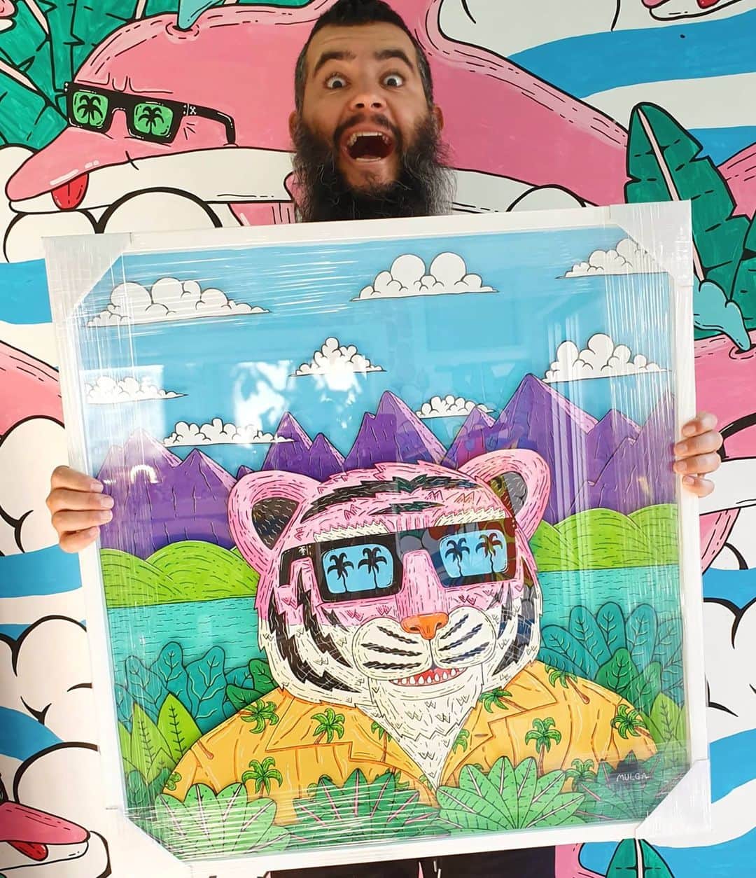 MULGAさんのインスタグラム写真 - (MULGAInstagram)「I made my first multi layered cut out style artwork of a tiger in his natural habitat. In between the layers there's foam core to give it the depth. It took a long time and was really hard to do and I call him Tyler the Tiger. ⁣ ⁣ The Story of Tyler the Tiger⁣ ⁣ Once there was a tiger called Tyler and his favourite food was the Hawaiian pizza and in honour of his favourite meal he started wearing Hawaiian shirts everyday and then he started a business manufacturing and selling Hawaiian shirts on the internet. The business went so well that he was in the top ten of internet based Hawaiian shirt selling businesses and it was a lovely place to work for all Hawaiian pizza loving people because that was what the in-house chef made for lunch everyday of the work week.⁣ ⁣ The End⁣ ⁣ #mulgatheartist #tylerthetigerloveshawaiianpizza #tiger #tigerart #hawaiianshirt #collageart #artwork」11月3日 6時17分 - mulgatheartist