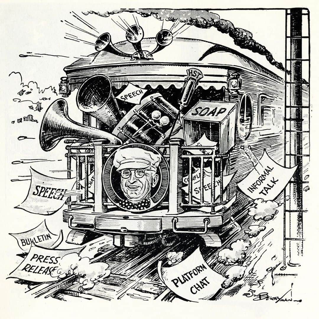 のインスタグラム：「In 1948, on a train called the Presidential Special, Harry Truman took to the rails to salvage a campaign many people thought he could not win. Undeterred, Truman told his staff, “I’m going to fight hard. I’m going to give them hell.” Truman’s “whistle stop” campaign provided great material for editorial cartoonists—as this cartoon from the Washington Star shows.   Truman was following the example first set by William Jennings Bryan. In 1896 Bryan popularized the novel idea that candidates could appear widely to voters on their own behalf. Bryan traveled 18,000 miles by train to give over 600 speeches to about five million people. The technique came to be seen as a way to reach what Theodore White, a keen observer of political history, called “the people who count most” because they were so often ignored by campaigns and by pollsters.   For 35 days in September and October, Truman traveled over 31,000 miles delivering 356 speeches to perhaps 15 million people. (Swipe to see one page from his dizzying campaign schedule). Refusing to be “coached,” Truman declined to use “gimmicks” preferring to be “simple and straightforward.” He insisted on having material specific to each town where they stopped, and he never gave the same remarks twice in a single day—even days on which he gave more than a dozen speeches. His speechwriters noted Truman was “rousingly successful” in these off-the-cuff speeches because he got “his heart” into them.    Even though they sometimes had to pass the hat to raise money to get the train to the next stop, Truman believed the tour would pay off. He knew he was working his staff “almost to death” but, in the end, he reflected “[m]y one-man crusade took effect. The people responded with increasing enthusiasm as the day of the election neared. I never doubted that they would vote for me.”   Interested in learning how you can vote in your home state or territory? Follow the link in our bio to visit @us.eac's website and find key dates, polling locations, and other useful information: https://eac.gov/vote  #VoteHistory #AmericanHistory #History #CampaignHistory #PresidentialHistory #ElectionHistory #AmericanDemocracy」