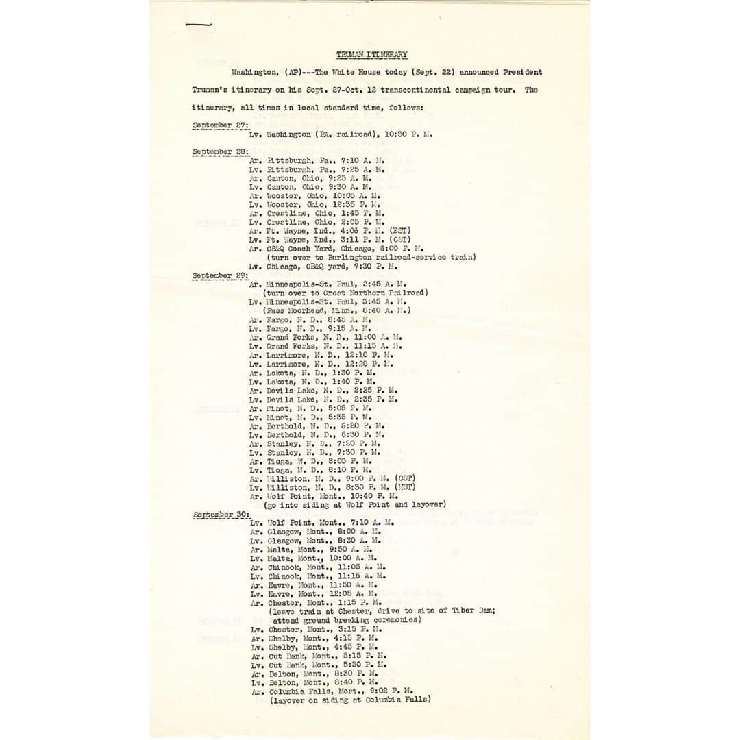 国立アメリカ歴史博物館さんのインスタグラム写真 - (国立アメリカ歴史博物館Instagram)「In 1948, on a train called the Presidential Special, Harry Truman took to the rails to salvage a campaign many people thought he could not win. Undeterred, Truman told his staff, “I’m going to fight hard. I’m going to give them hell.” Truman’s “whistle stop” campaign provided great material for editorial cartoonists—as this cartoon from the Washington Star shows.   Truman was following the example first set by William Jennings Bryan. In 1896 Bryan popularized the novel idea that candidates could appear widely to voters on their own behalf. Bryan traveled 18,000 miles by train to give over 600 speeches to about five million people. The technique came to be seen as a way to reach what Theodore White, a keen observer of political history, called “the people who count most” because they were so often ignored by campaigns and by pollsters.   For 35 days in September and October, Truman traveled over 31,000 miles delivering 356 speeches to perhaps 15 million people. (Swipe to see one page from his dizzying campaign schedule). Refusing to be “coached,” Truman declined to use “gimmicks” preferring to be “simple and straightforward.” He insisted on having material specific to each town where they stopped, and he never gave the same remarks twice in a single day—even days on which he gave more than a dozen speeches. His speechwriters noted Truman was “rousingly successful” in these off-the-cuff speeches because he got “his heart” into them.    Even though they sometimes had to pass the hat to raise money to get the train to the next stop, Truman believed the tour would pay off. He knew he was working his staff “almost to death” but, in the end, he reflected “[m]y one-man crusade took effect. The people responded with increasing enthusiasm as the day of the election neared. I never doubted that they would vote for me.”   Interested in learning how you can vote in your home state or territory? Follow the link in our bio to visit @us.eac's website and find key dates, polling locations, and other useful information: https://eac.gov/vote  #VoteHistory #AmericanHistory #History #CampaignHistory #PresidentialHistory #ElectionHistory #AmericanDemocracy」11月3日 6時51分 - amhistorymuseum