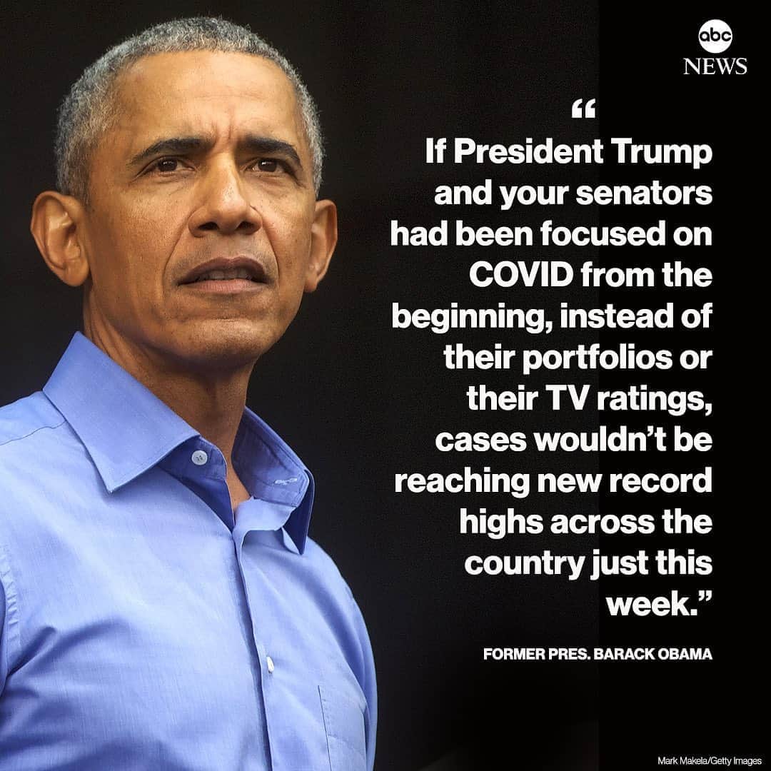 ABC Newsさんのインスタグラム写真 - (ABC NewsInstagram)「Former Pres. Barack Obama: "If President Trump and your senators had been focused on COVID from the beginning instead of their portfolios or their TV ratings, cases wouldn't be reaching new record highs across the country just this week."」11月3日 7時16分 - abcnews