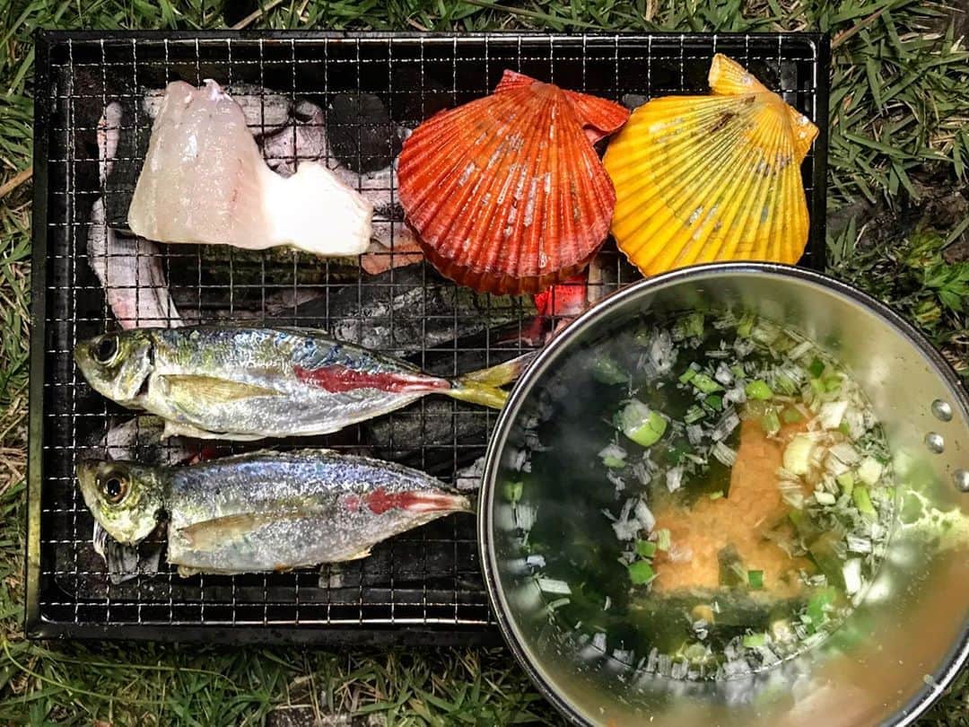 のインスタグラム：「釣ったアジとヒラスズキをその場で捌いて、豪快に海鮮浜焼き。シンプルやけど塩焼きってめちゃくちゃ美味しい😋寒い時に飲む味噌汁も最高❗️ YouTube『りんたこみっぴの釣りキャンプ』見てね🏕🎣  #camp #fishing #bbq #misosoup #oita #youtube #大分 #キャンプ #釣り #アジ #アジング #りんたこみっぴの釣りキャンプ #みっぴ」