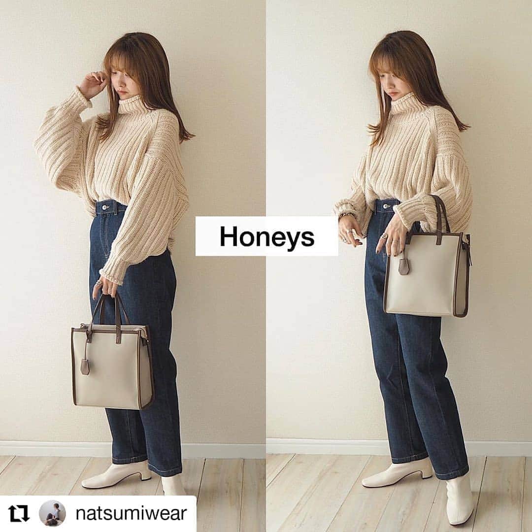 ハニーズ公式さんのインスタグラム写真 - (ハニーズ公式Instagram)「#Repost @natsumiwear﻿ • • • • • •﻿ ﻿ 586-71-0137 ⑥ライトインディゴ﻿ 『サス付ストレートパンツ』￥2,480﻿ ﻿ 240-121-7134 ⑦グレージュ﻿ 『パイピングスクエアBag』￥2,280﻿ ﻿ @natsumiwearさんの投稿です。﻿ 素敵な投稿ありがとうございます。﻿ ﻿ • • • • • •﻿ ﻿ #hm ×#ハニーズ コーデ☺︎﻿ ﻿ ﻿ #チャンキーニット に﻿ ﻿ @honeysofficial のサス付きストレートパンツ☺︎﻿ ﻿ スクエアバッグもハニーズのだよ✧﻿ ﻿ ニット×デニムのドカジュアルスタイルだけどバッグのおかげでちょいキレイめになる𓃻♥︎﻿ ﻿ 白ブーツは#GRL です♩﻿ ﻿ ﻿ ﻿ ﻿ ﻿ ﻿ #pr #honeys #ハニーズコーデ #オトナカジュアル #大人カジュアル #カジュアルコーデ  #プチプラコーデ #プチプラ #mineby3mootd #秋コーデ #冬コーデ #秋冬コーデ #mamagirl #アラサーコーデ #アラサー #mineプチプラ部 #高見えコーデ #デニムコーデ #デニムパンツ #エイチアンドエム #エイチアンドエム購入品 #シンプルコーデ #ニットコーデ  #きょコ #白ブーツ @parte_official @mineby3m @locari_jp @drobe_official @parte_official @beautymatome」11月3日 18時25分 - honeysofficial