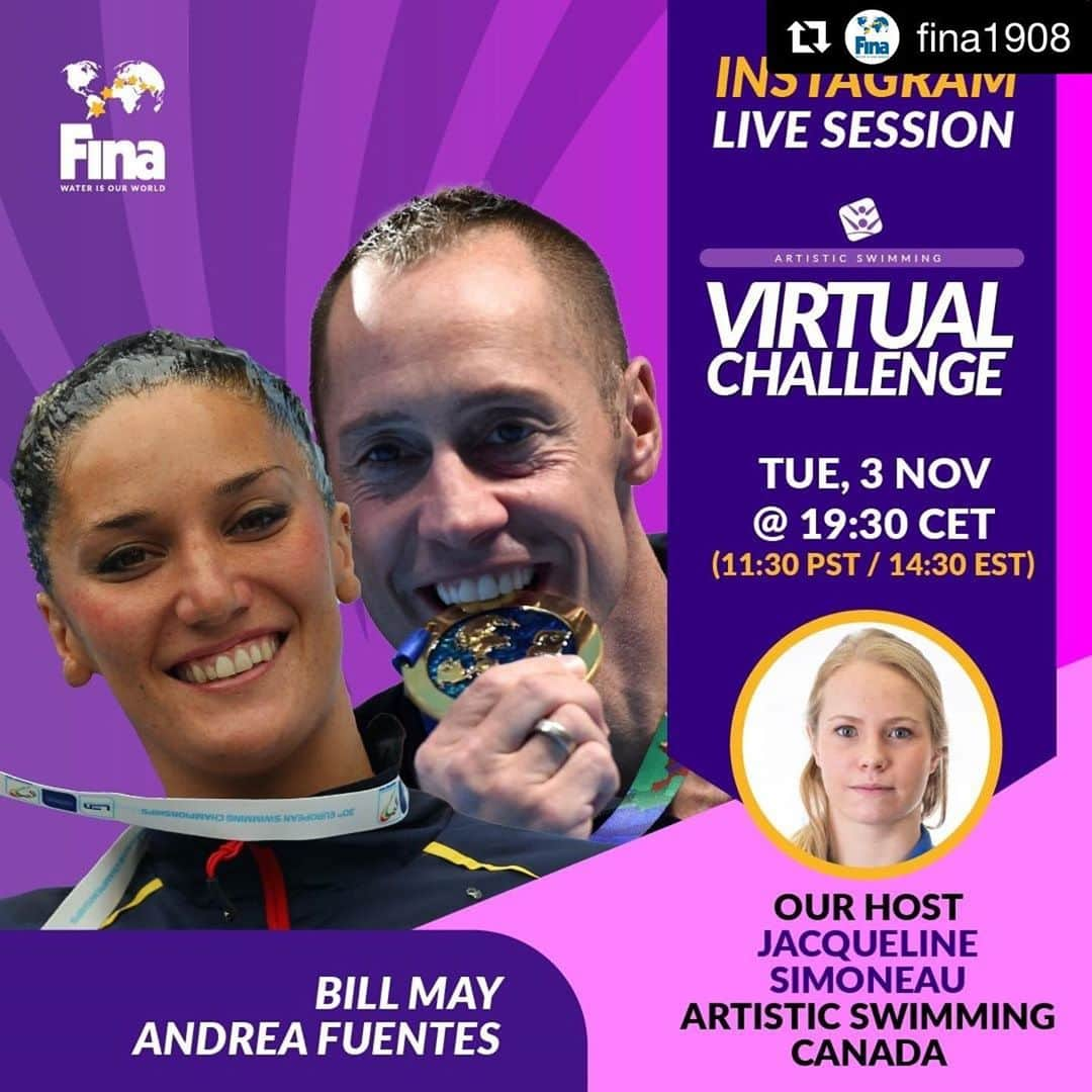 アンドレア・フエンテスのインスタグラム：「#Repost @fina1908 with @get_repost ・・・ You may have heard it through the grapevine, but tomorrow you will hear it from two of the masterminds.  Jacqueline Simoneau talks to Andrea Fuentes and Bill May and gets an inside peak to what the FINA Artistic Swimming Virtual Challenge is all about.  Join us LIVE tomorrow, Tuesday, 3 Nov at 19:30 CET   #artisticswimming #ASVirtualChallenge @jacqueline_simoneau @billmaysynchronizedswimmer @andreafuentes83」