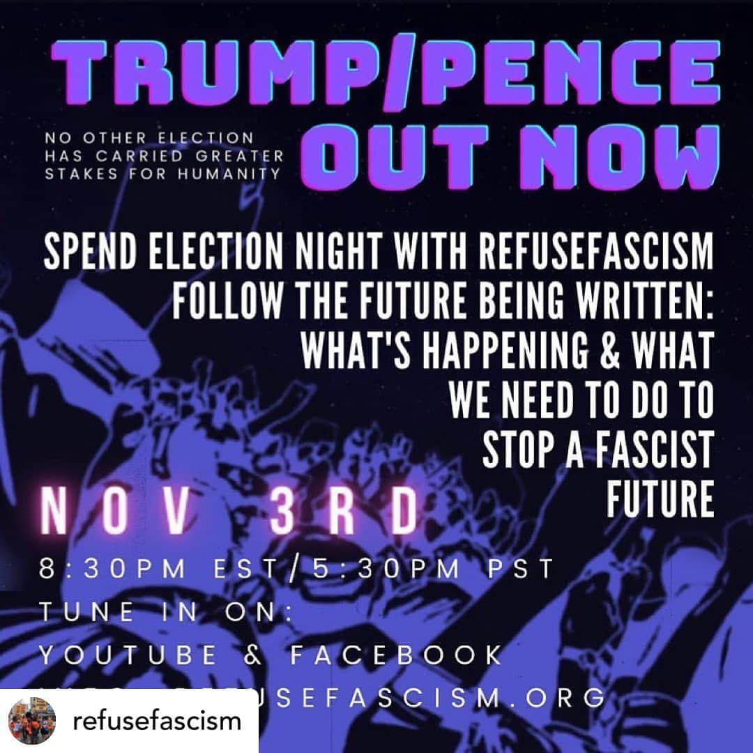 ジョディ・スウィーティンさんのインスタグラム写真 - (ジョディ・スウィーティンInstagram)「Posted @withregram • @refusefascism Repost from @therevcoms • Nov 3: Spend Election Night with @RefuseFascism! Live on YouTube and Facebook  * Facebook.com/RefuseFascism * YouTube link in bio  8:30pm - 2am EST 5:30pm - 11pm PST  What's Happening & What Do WE Need to DO to Stop a Fascist Future  Gather together in the public square or tune in from home for our coverage as the future is being written.  Join Andy Zee, co-initiator of Refuse Fascism and co-host of The RNL—Revolution Nothing Less—Show, and Coco Das, member of the Editorial Board of Refuse Fascism, for Election Night coverage, November 3, starting 8:30 pm EST (5:30 pm PST).  Featuring:  * election updates in real time (from the networks and other sources)  * on-the-ground reports from the streets around the country  * interviews with scholars, activists, artists  * special segments that bring you the real deal.  No election—in history—has carried greater stakes for humanity, for the planet, and for people in this country.  What has been a rolling coup—the stealing of an election—is coming to a head on Election Day...  What happens next is unwritten. The masses of people who refuse to live in a fascist America must write that history...  This is what the RefuseFascism live broadcast will report on, analyze, and provide direction to what you, to what people in their millions, need to do to stop a fascist stealing of the election and a fascist America.  #RefuseFascism #TrumpPenceOutNow #election2020 #electionnight #electionnight2020」11月3日 12時02分 - jodiesweetin