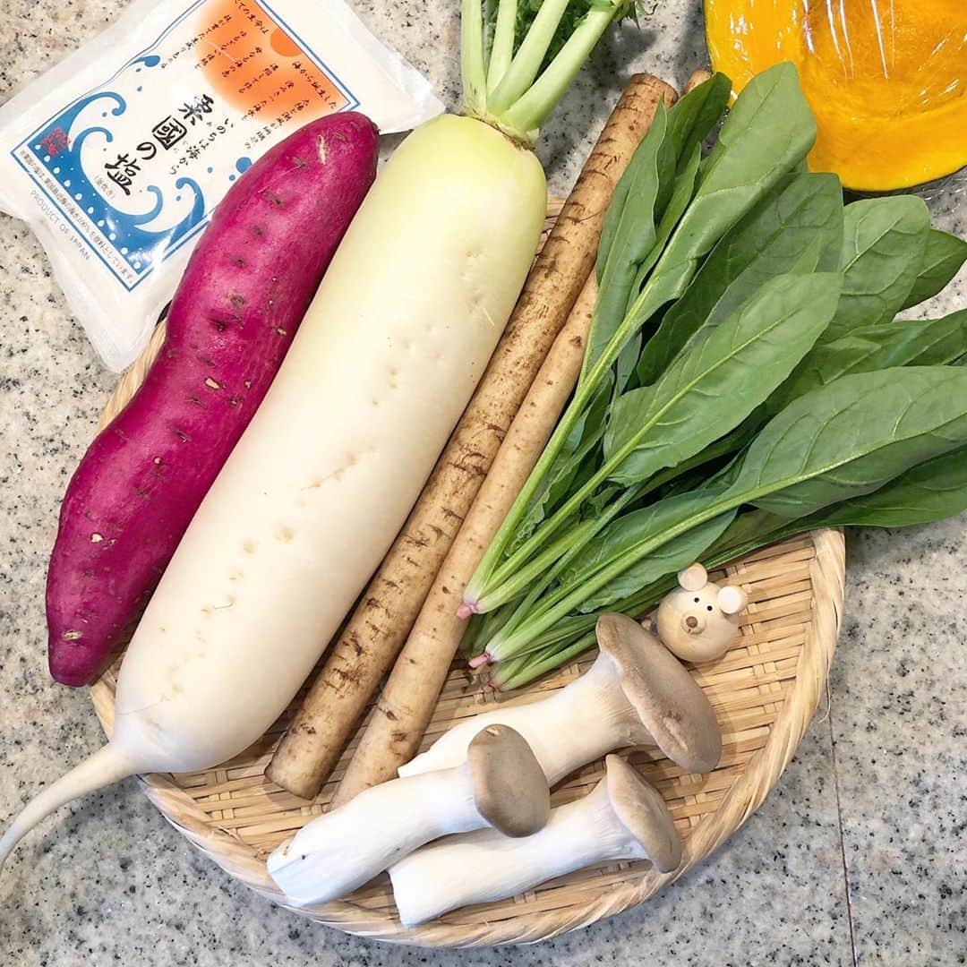榊山敬代さんのインスタグラム写真 - (榊山敬代Instagram)「🍠🥬🍄🎃… . 今週のはじまりは 食材買い出しの巻  ほうれん草さんが 美人すぎる輝きに ２袋連れてかえる  大根はカワイイサイズにて さつまいもは立派サイズで  遠近感がおかしくなりますとき  お塩もかれこれ数年以上愛用していて 特におにぎりに用いると大変美味しい 今回はポイントでお得にゲットできて  ラッキーな日  ２枚目の画像は  葉物を野菜室へ入れる前のひとコマ 袋から出して根元を清めてペーパー で保湿してラップに包んで準備完了  このひと手間がお野菜長持ちするどころか 数日後はピーんと元気になってるよろこび  右から #雪菜 #ホウレンソウ #小松菜 🥬…  ３枚目の画像は 　 水菜さんの保管方法のひとコマ　 刻んで野菜洗浄して水切りして タッパなどに収めて待機完了也  こうしておきますと 数日はシャキシャキ 使いたい時に使えて 便利なアイテムなり  少し未来の自分が楽になる様に 今を工夫するのはたのしいとき  ところで  昨日は11月なのにあたたかくて 素足にショートブーツとケープ を半袖のワンピースに羽織って ちょうどいい気候でありました  このような気候もなんだか ワクワクするひとコマの巻 ・ ・　 🍁👗👢. #秋満喫 … ・ ・ ・ #秋大好き #Autumn #食欲の秋 ・ ・ ・ #秋 #autumn #vegetable  #さつまいも #Sweetpotato #大根 #生姜 #Ginger  #カボチャ #pumpkin #spinach #ほうれん草 #ゴボウ #beautiful #artist #kitchen #cooking #日本画家 の #お料理こんなもん#green」11月3日 12時29分 - sakakiyamatakayo