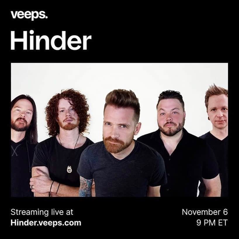 ヒンダーのインスタグラム：「We know tomorrow is an important day - but Friday, November 6th is arguably even more important: join us for a FULL BAND live stream gig beamed directly to your living room by our friends at @veeps 🤘🏽  // grab tickets, merch and a special VIP pass (haven’t you ever wanted to hang with us on a Zoom call?) at the link in our bio. Also, GO VOTE 🇺🇸」