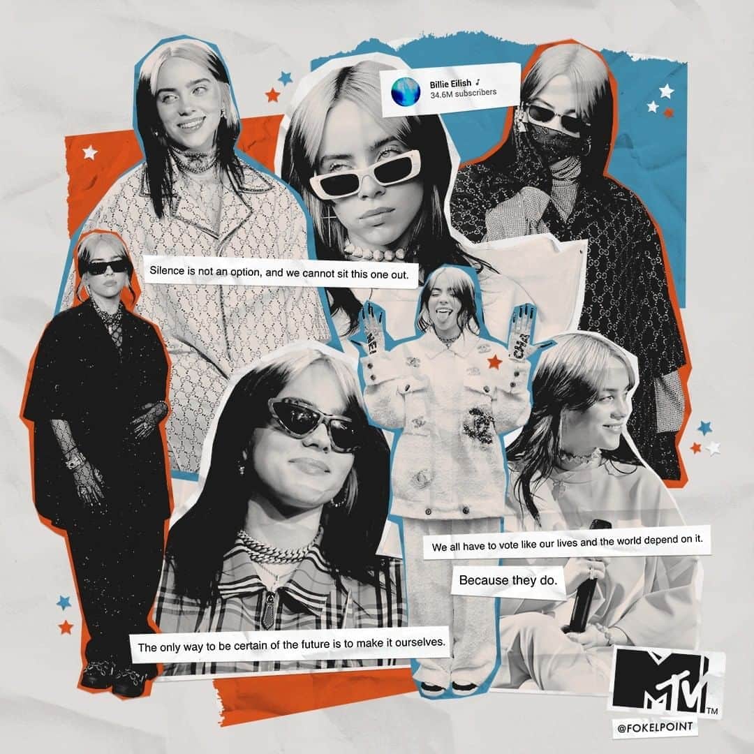 のインスタグラム：「The future is at stake, and @billieeilish knows that you CAN'T stay on the sidelines. Make your voice heard and VOTE ✔️ "Silence is not an option, and we cannot sit this one out. We have to vote like our lives and the world depend on it. Because they do. The only way to be certain of the future is to make it ourselves." 🎨: @fokelpoint • #MTVxFokelpoint」
