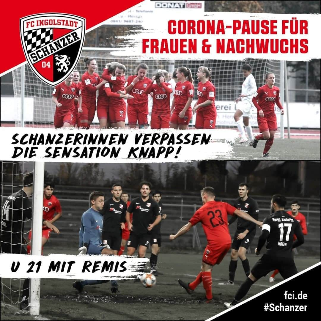 FCインゴルシュタット04さんのインスタグラム写真 - (FCインゴルシュタット04Instagram)「Corona-Pause für @schanzerinnen & #Jungschanzer ⚽️❌ Die Verordnungen sind bekannt, wir alle müssen nun weiterhin Verantwortung zeigen - und deshalb heißt es erst recht: ZAMHOIDN 🤜🤛 ____ Am Wochenende unterlagen die #Schanzer Frauen dem haushohen Favoriten aus Hoffenheim in der 2. Runde des Frauen-DFB-Pokals erst in der Verlängerung nach 2:2 mit 2:4 😕 Extrem schade, aber stark gekämpft! Unsere U 21 musste im wohl letzten Spiel des Jahres ein 1:1 im Kampf um den Relegationsplatz der Bayernliga Süd hinnehmen. Für beide Teams gilt: Trotzdem immer weiter! ____ Der BFV hat heute die Winterpause offiziell "vorgezogen", damit gehen wir nun in die nächsen Wochen & Monate, in denen trotzdem fleißig weitergearbeitet wird. Kurios: Das nächste reguläre Ligaspiel unserer U 21 ist damit für Anfang April, also in über 5 Monaten, angesetzt 😳 Wir halten euch über alle News auf dem Laufenden! . . #Schanzerinnen #schanzerfürimmer #fcifamilie #firstround #dfbpokal #immerweiter #frauenfußball #puma #gmnsm #Jungschanzer #Schanzerdassindwir #Verein #vereint #Schanzer #FCIngolstadt04 #FCI #Ingolstadt #Frauen #Jugend #FCIngolstadt #Pause #break #Corona #lockdownlight #Fußball #Fussball #football #soccer」11月3日 22時04分 - dieschanzer