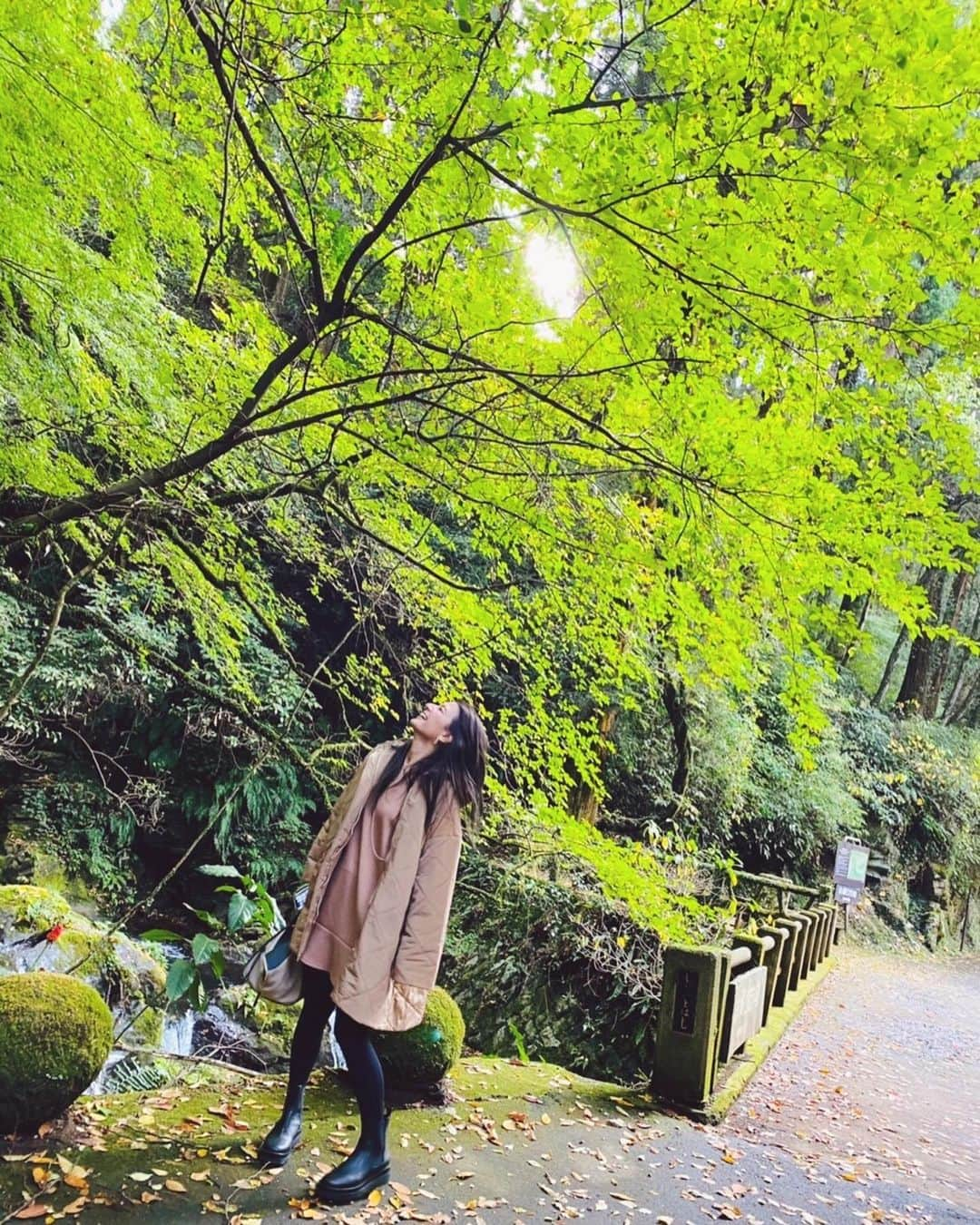 スザンヌさんのインスタグラム写真 - (スザンヌInstagram)「祝日なにしようか♡﻿ 行先を決めたのは朝🌞﻿ （これ熊本のだいすきなところ）﻿ ﻿ 草スキーのソリとテント⛺️と﻿ シート持って阿蘇方面へ⛰﻿ ﻿ 直前に予約してお邪魔したのは﻿ 地鶏と馬肉の炭火焼のお店﻿ #にし原　さん🍖﻿ 西原村の絶景を眺めながら﻿ 炭火でじっくりモクモクと焼いたお肉はほんとーっっに美味しかったです🤤﻿ お腹いーっぱい〆の焼きおにぎりまでいただいて🙏﻿ ﻿ すぐ近くに#白糸の滝　﻿ 行くしかないねっと寄り道して﻿ 自然のパワーを感じて﻿ 深呼吸！気持ちいい！﻿ ﻿ 最後は#萌の里 で草スキー﻿ 体力消耗🙌﻿ ﻿ ありがた幸せなおやすみでした♡﻿ ﻿ ミニワンピとコートは﻿ @mite__official のでした💘かわいぃ﻿ 軽くてあったかコートは重宝♡﻿ ブーツは﻿ @serenececool のサイドゴアブーツでした🥾」11月3日 22時54分 - suzanneeee1028