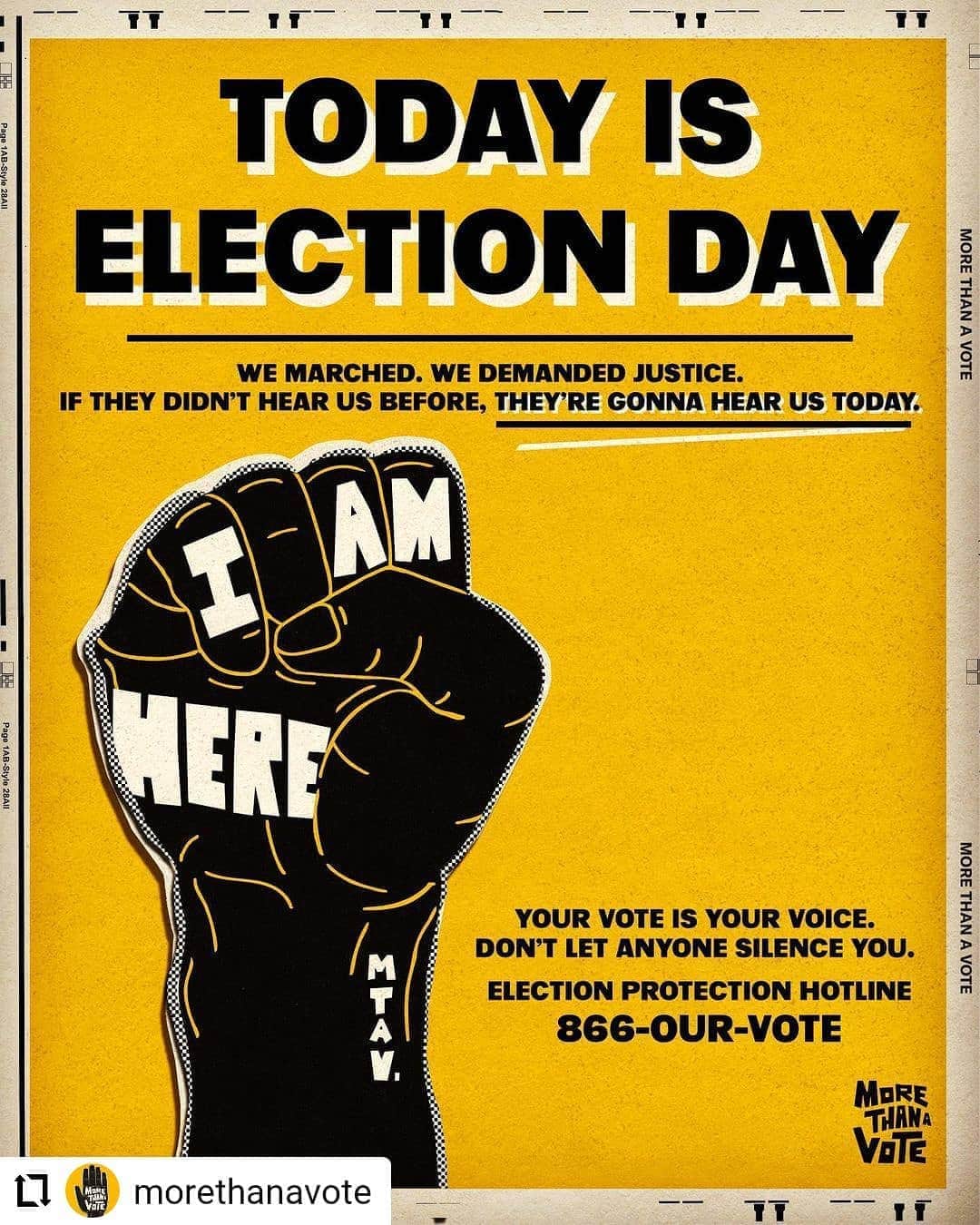 マイケル・ヴィックのインスタグラム：「Today is Election Day. #ivoted. Now it's your turn. #morethanavote #morethananathlete #Repost @morethanavote 👇🏾 ... Let’s do this. ✊🏿  🗳 Get all the info you need to vote at more.vote/gameplan (link in bio)  📱 Questions? See something shady? Just wanna double-check something? Call or text 866-OUR-VOTE」