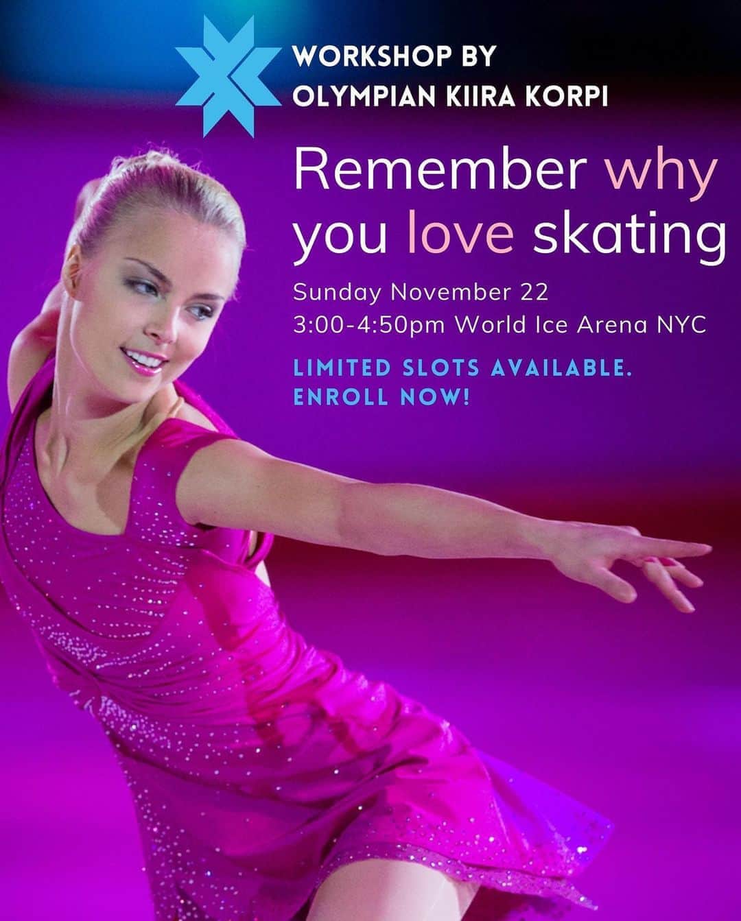 キーラ・コルピのインスタグラム：「❄️Dear Skaters in NY Area❄️  I invite you to join my upcoming workshop at World Ice Arena on Nov 22! You’ll get to learn fun and effective exercises in an empowering group environment (max 12 participants), AND remind yourself why you love skating so much!!  💜 To register, go to the link in my bio.  The workshop consists of 4 parts: 1. Off-ice warm up 2. On-ice warm up & edge work 3. Jumps & spins 4. Spirals & interpretation  The workshop will be filmed by a professional videographer and the video material will be an added gift to you, so that you can keep going back to the exercises later on your own (or with your coach).  This workshop is for you if you have passed Free skate 4 level in Learn to skate program or No-Test and Up in USFS.  Fee: $195  I can’t wait for you to get to experience all the uplifting things I’ve planned for you on and off the ice! ⛸🌪🕺🏽💃🏼」