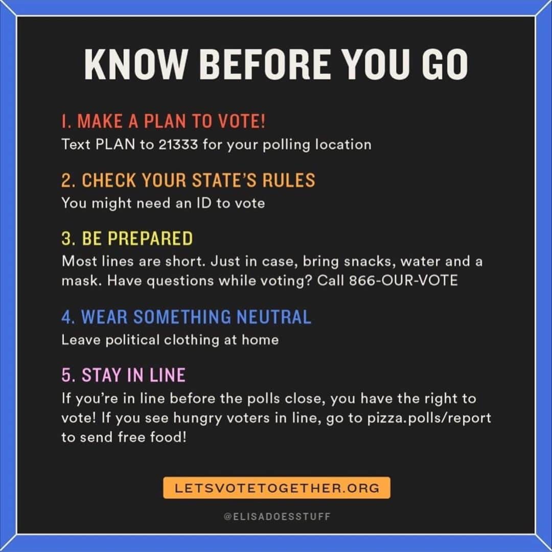 マット・ボマーのインスタグラム：「Voting in person? Here’s your checklist for the polls. Save this list and share it with friends heading out. Link in bio for more voter info, and what to do if you’ve already voted (volunteer and check on your friends). Stay safe out there!」