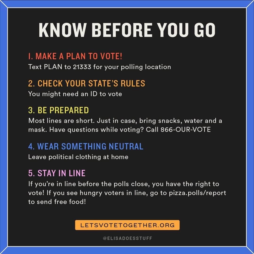 のインスタグラム：「IT’S ELECTION DAY! Voting in person? Here's your checklist for the polls. Save this post and share with friends heading out! Link in bio for more voter info and what to do if you've already voted (volunteer and check on your friends!). Let's go! #ElectionActions 💪」