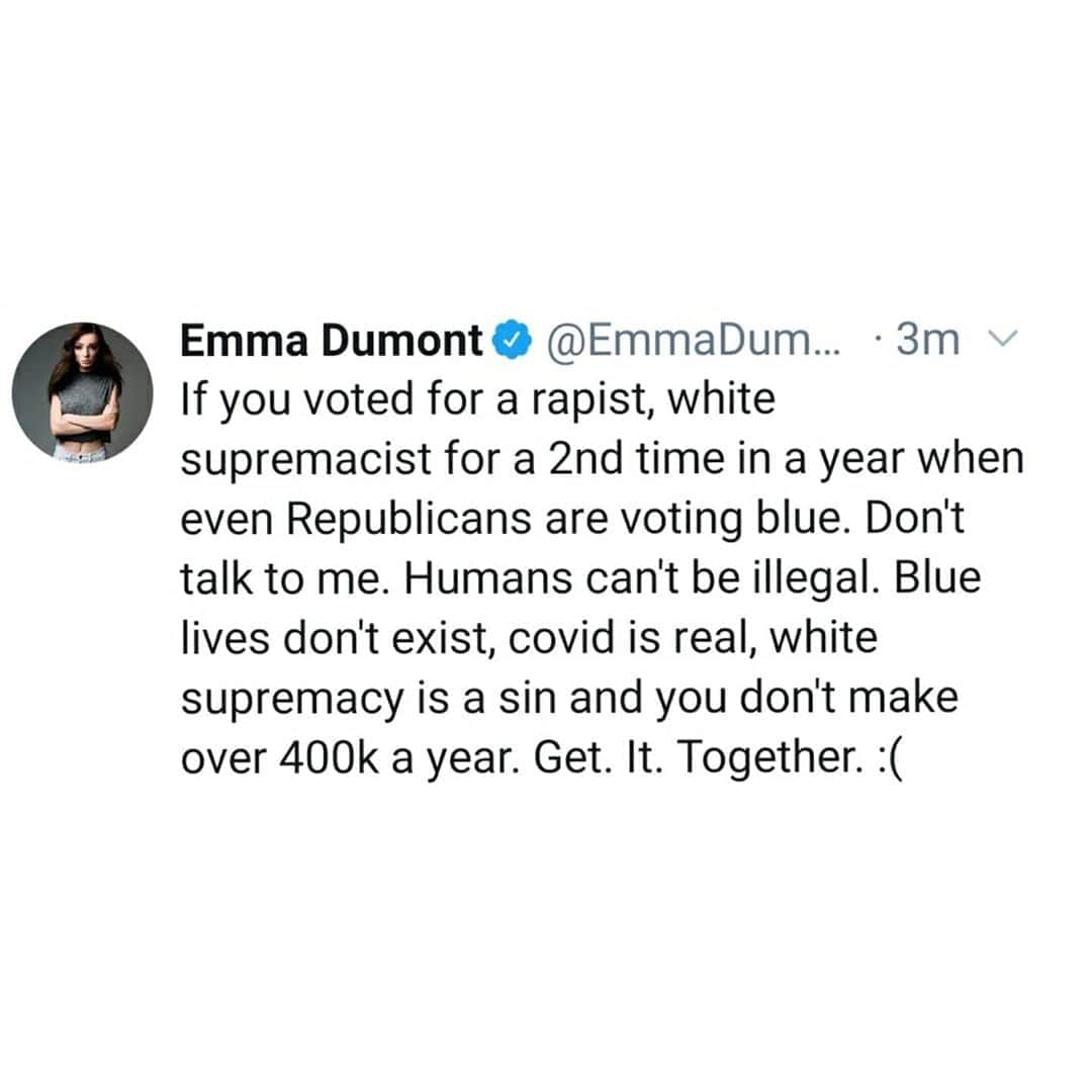 エマ・デュモンのインスタグラム：「At this point I do care who you voted for. Feel free to unfollow. For all of my 💙 friends who are holding their breath or feeling anxious. I love you. I love you soooo much. We're all in this together even when there seems to be no humanity left. #bidenharris2020」