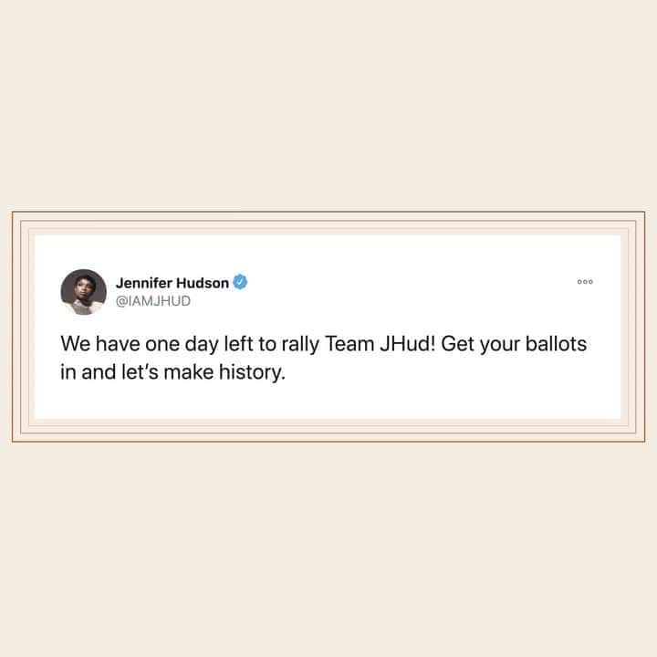 ジェニファー・ハドソンのインスタグラム：「Final reminder Team JHud, this is the final hour, we must raise our voices for the voiceless! Make sure you leave enough time to make your vote count, be safe, and know your rights at the polls 💖」