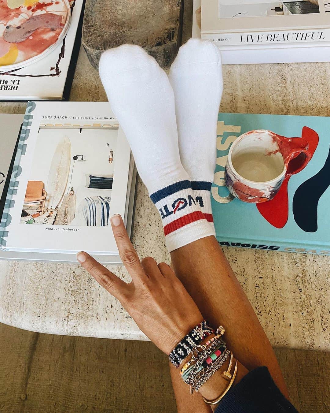 ダニジョーのインスタグラム：「The power of the people is stronger than the people in power. That post-vote high✌️ @jodiesnydermorel in the VOTE bracelet + the Shalom bracelet 〰️」