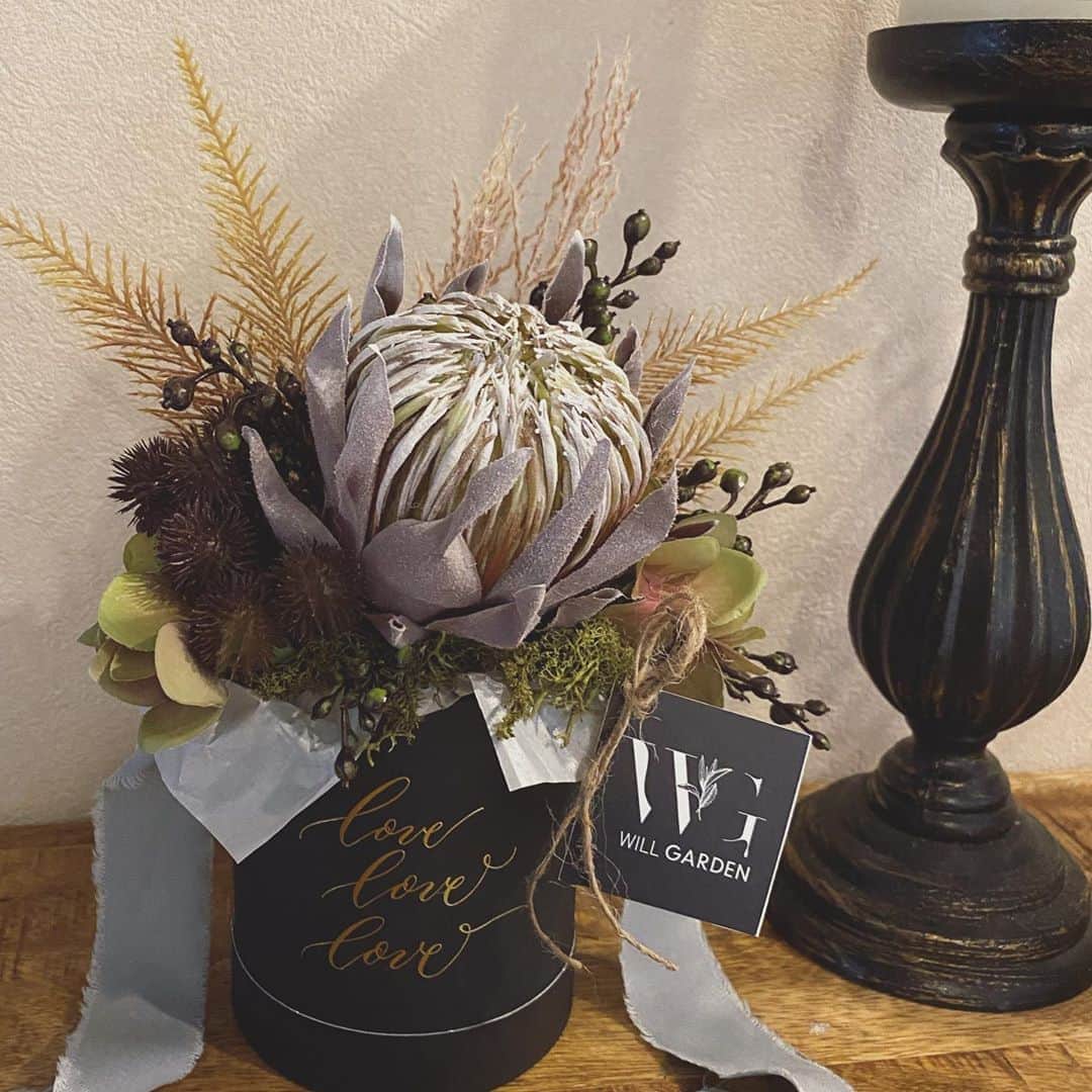 畑野ひろ子のインスタグラム：「@willgarden_official  アーティフィシャルフラワーbox キングプロテアメインのboxアレンジです。  #flowers #arrangement #artificialflower #boxarrangement #gift #willgarden #サスティナブル」