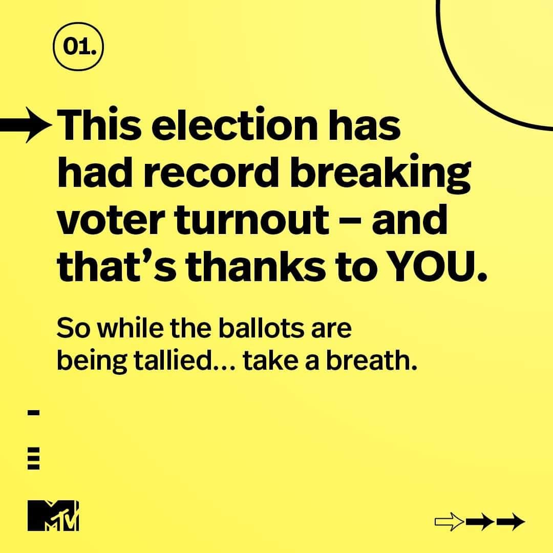 MTVさんのインスタグラム写真 - (MTVInstagram)「It's been one heck of an election season, friends 💛 Now while we wait for every vote to be fairly counted, take care of yourself.」11月4日 11時00分 - mtv