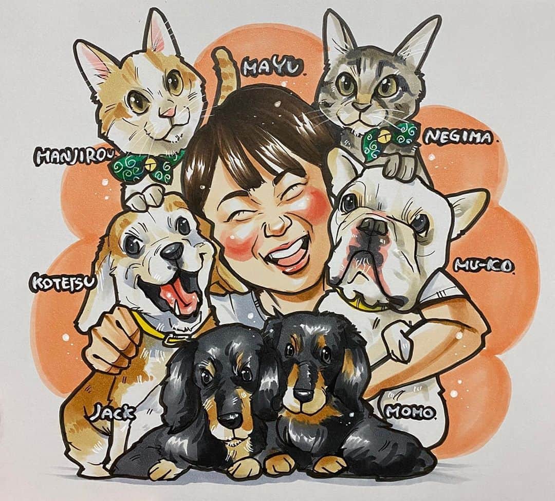 似顔絵★𝗚𝗢𝗥𝗜𝗞𝗜𝗡𝗚のインスタグラム：「. . 先日の一枚❤️❤️ . . 大好きな動物家族のみんなとの似顔絵💕✨ 動物もきちんと特徴や、個性があるから人間同様描いてて楽しい💕⭐️✨  ご主人様を囲んでみんなでワイワイと🐶😸⭐️✨💕  . . . ご依頼ありがとございました💕  . .  ❌❌現在は、予約受付終了してます❌❌ 。 . . .  2020年度ご予約のお客✨ 現在110番までの方へ案内中です🌟✨💕 DMの確認いただきgmailへ返信宜しくお願い致します🙇‍♀️🌟✨✨ . . . .  次回の予約応募は、2020年のご予約分を書き終える予定の 来年春から夏頃の、、、予定です。 ※あくまでも予定なので前後します🙇‍♀️ . . . .  オーダー再開の際には 人数制限あるため必ず予約ができるわけではございません。 そのことも踏まえた上で 次回ご検討いただけると嬉しいです(^^) . . また、結婚式の使用を考えてくださる方も多いです✨  前々からお伝えしていますが、 基本的に予約順に対応しているため、 近々の納期を希望される方は、 対応できないこともあるので、 あらかじめご了承ください💦 . . . . . ※今回予約が取れた方へ※ . .  写真がまだ用意できてない、入金が遅れそうなど、状況により、順番が前後することもございます‼️ あらかじめご了承ください。 。 . . . また、芸能人、キャラクターのオーダー、パロディ風オーダーはお断りしています。  芸能人については、ご本人様に直接プレゼントなどはOKです。 . . . . . . 💰料金表は過去投稿記事みてね❤💰 . . . . . ➡️ハッシュタグ⇨ goriking117料金表2019⬅️ . . ✨✨✨✨✨✨✨✨✨✨✨✨✨✨✨✨ @by.goriking のアカウントでは、 過去書かせて頂いたお客様方からの、 似顔絵のその後のお写真をいただき、 投稿しております^ - ^❤️❤️ 玄関に飾ってある似顔絵、 渡した瞬間のお写真、 ご本人とのお写真などなど💕 いろんな場面でのお写真お待ちしております^ - ^✨⭐️ . . . .  #似顔絵#pencildrawing#drawing#pencil#illust#painting#art#artwork#絵描きさんと繋がりたい#似顔絵師#gorikingの似顔絵屋さん#仲良し家族#動物#動物好きな人と繋がりたい#犬#猫#dog s#cats#animals#ペット#愛犬#愛猫#可愛い#present#comicart#anime#animeart#comicartist#animejapan」