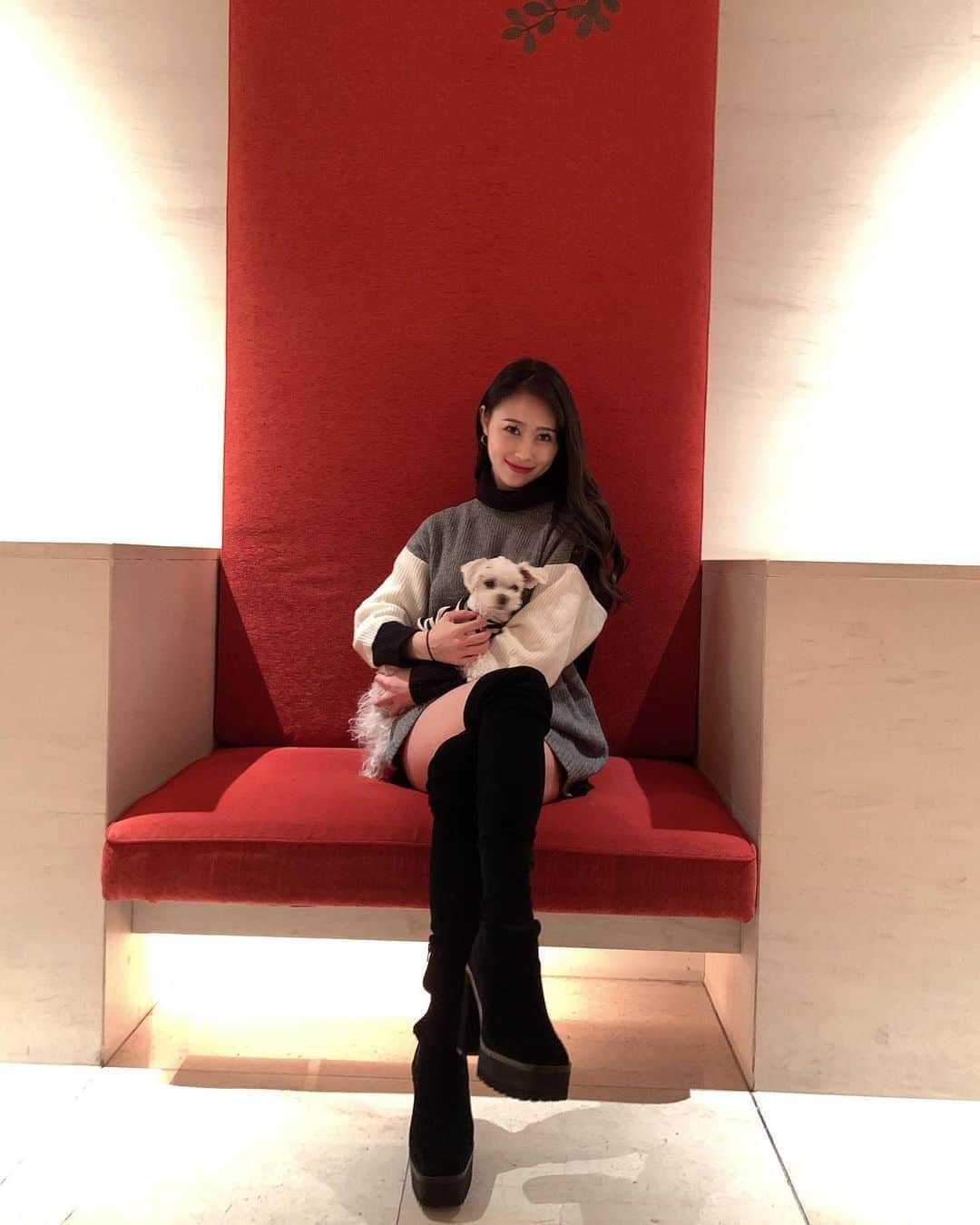 長沼南帆のインスタグラム：「お泊りしてきました🥰🐶﻿ ﻿ ワンちゃん用のアメニティもあったり、ページボーイのコスチュームがあったり♥️﻿ ﻿ ワンちゃん用アメニティ﻿ ・おもちゃ﻿ ・おやつ﻿ ・グリーンガム﻿ ・帽子﻿ ・トイレシート﻿ ・ルームサービスメニュー﻿ ・ページボーイのコスチューム(貸し出し)﻿ ﻿ 写真の数が大変なことになりましたが、﻿ みんなで素敵な時間を過ごせました🥰﻿ ﻿ ﻿ ﻿ ﻿ #黒髪　#黒髪ロング　#rq #レースクイーン　#memory #黒髪ロングストレート　#秋　#秋服　#脚長コーデ　#supergt #スーパーgt ﻿ #ペニンシュラ東京 #peninsula #ホテルステイ #世界一かわいいページボーイ　#うちの子しか勝たん ってみんな思ってるの🥰🥰🥰」