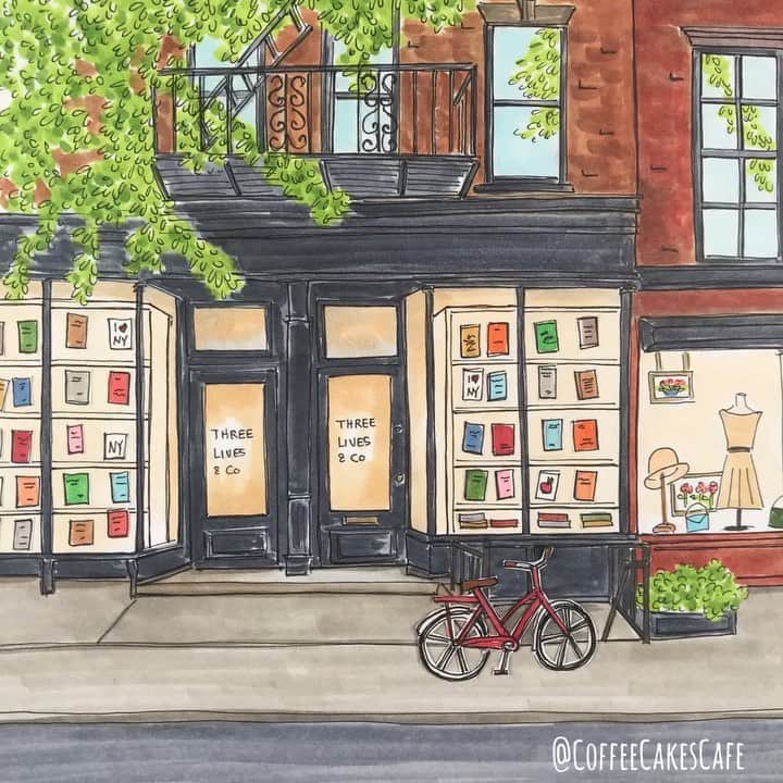 のインスタグラム：「Good morning everyone! ☀️ Come by and take a peek at Three Lives & Co new location on 238 W 10th. It’s between @oslocoffee to your left and @madamematovu to your right. Such a cute street and you can grab coffee from one of my favorite cafe, browse and select some books, and treasure hunt for some vintage finds! Please support your local shops for your upcoming holiday gift list! Happy Wednesday all! 📚🖤😊 . . . #stopmotion #indiebookstore #supportsmallbusiness #westvillagenyc #westvillagelife #thisisnewyorkcity #stopmotionanimation #westvillage #greenwichvillagenyc #greenwichvillage #igersofnyc #timeoutnewyork #chasing_facades #picturesofnewyork #made_in_ny #seeyourcity #newyorkgram #prettycitynewyork #newyorkarea #facade #facadelovers #streetsofnewyork #picame #stopmotionvideo #icapture_nyc #instagramnyc #coffeecakescafe #storefront #storefrontcollective #urbansketchers @americanbooksellers」