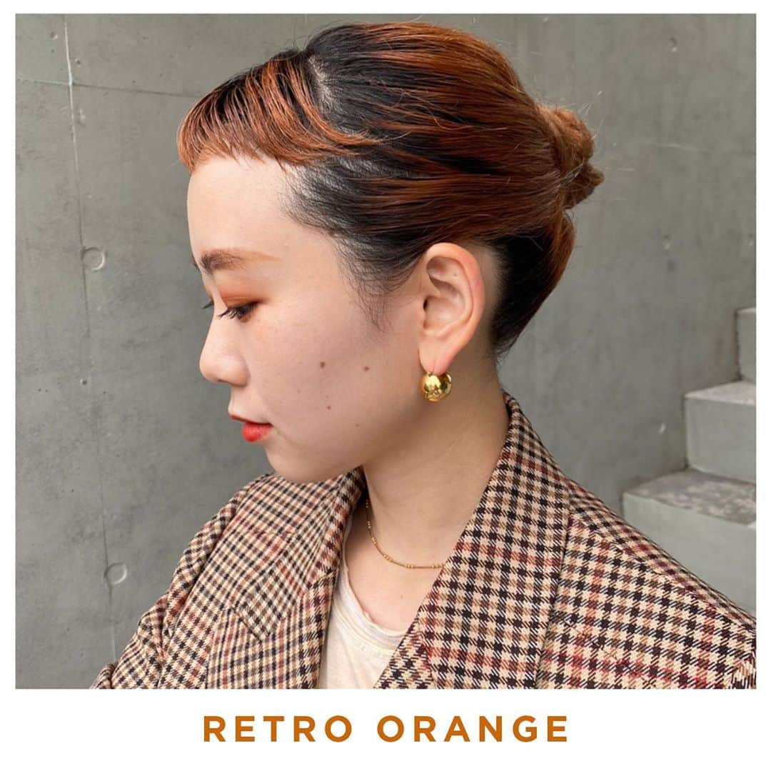 アディクシーカラー(ミルボン) のインスタグラム：「《レトロなオレンジhair》﻿ ﻿ レトロな雰囲気ただようオレンジカラー。よくアレンジをする方には、根元を残したオレンジヘアが特におすすめです🧡 ﻿ ＜レシピ＞﻿ 　ペールオレンジ：ペールピンク＝5：1﻿ 　OXY 3%﻿ ﻿ ﻿ Designed by @yanagihara_hiroki﻿ ﻿」