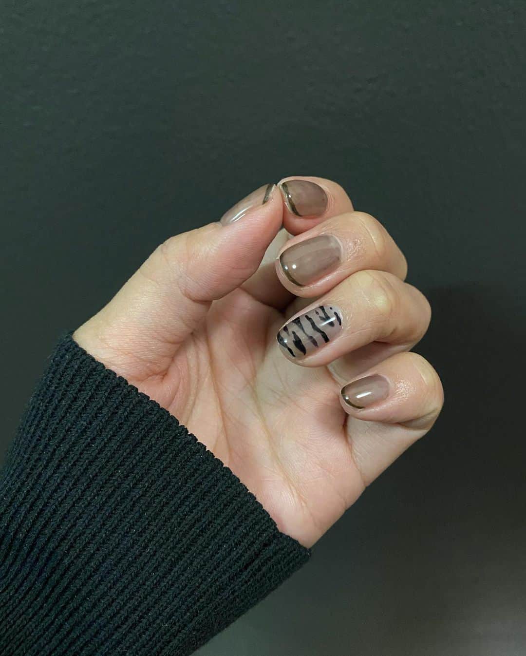 柴田紗希さんのインスタグラム写真 - (柴田紗希Instagram)「new nail♡ ブラックとブラウンの透明〜 ブラックにはゼブラ柄 ブラウンにはラインを入れてもらいました。 もふっとニットにシースルーネイル可愛いなぁ〜 今回も胸きゅんです！絶妙な色の違いを出して下さるのが本当にお上手😭✨ @nes.nail のさっちゃんさんありがとうございます🙏🏻 #nail」11月4日 20時56分 - shibasaaki