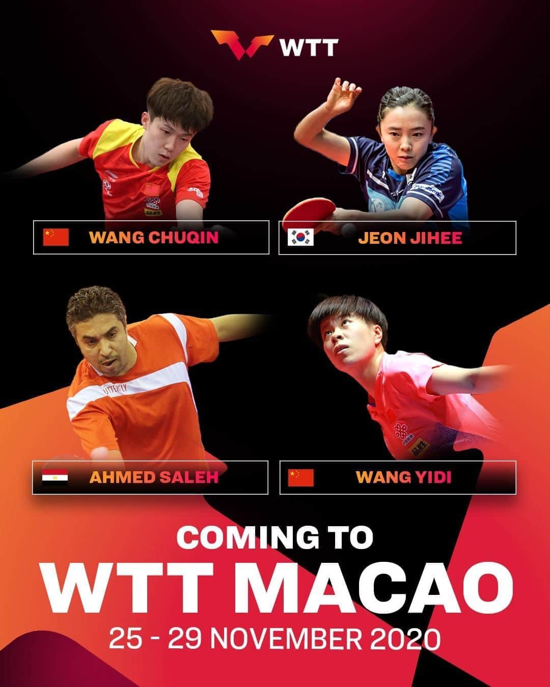 ITTF Worldさんのインスタグラム写真 - (ITTF WorldInstagram)「🇨🇳 Wang Chuqin 🇰🇷 Jeon Jihee 🇪🇬 Ahmed Saleh  🇨🇳 Wang Yidi  🔜 #WTTmacao 🏓🇲🇴」11月4日 21時00分 - wtt