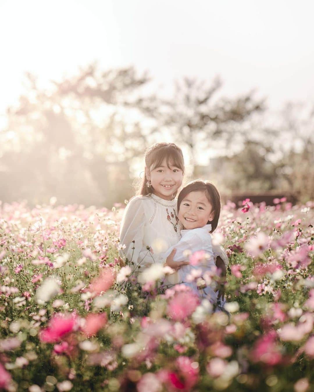 かなのインスタグラム：「． 今年のお誕生日記念に 撮ってもらったよ〜🥰🌸 2人とも秋生まれだからね いつか秋桜で撮りたいなって ずっと夢だったんだ🥺 ． それをこんな素敵に撮ってくれた @___axa.yu ちゃん📷✨ 夕焼けの秋桜に一目惚れして🥺💕 理想通りに撮ってもらえて本当に嬉しい😭💓 ほんとは全部一枚ずつ載せたいくらいなんだけど 頑張って厳選します🥺 ． ． #秋桜#コスモス#ロケフォト#ロケーションフォト#お誕生日#10月生まれ#秋生まれ#姉弟#宝物#家族写真#記念写真#娘#8歳#息子#6歳」