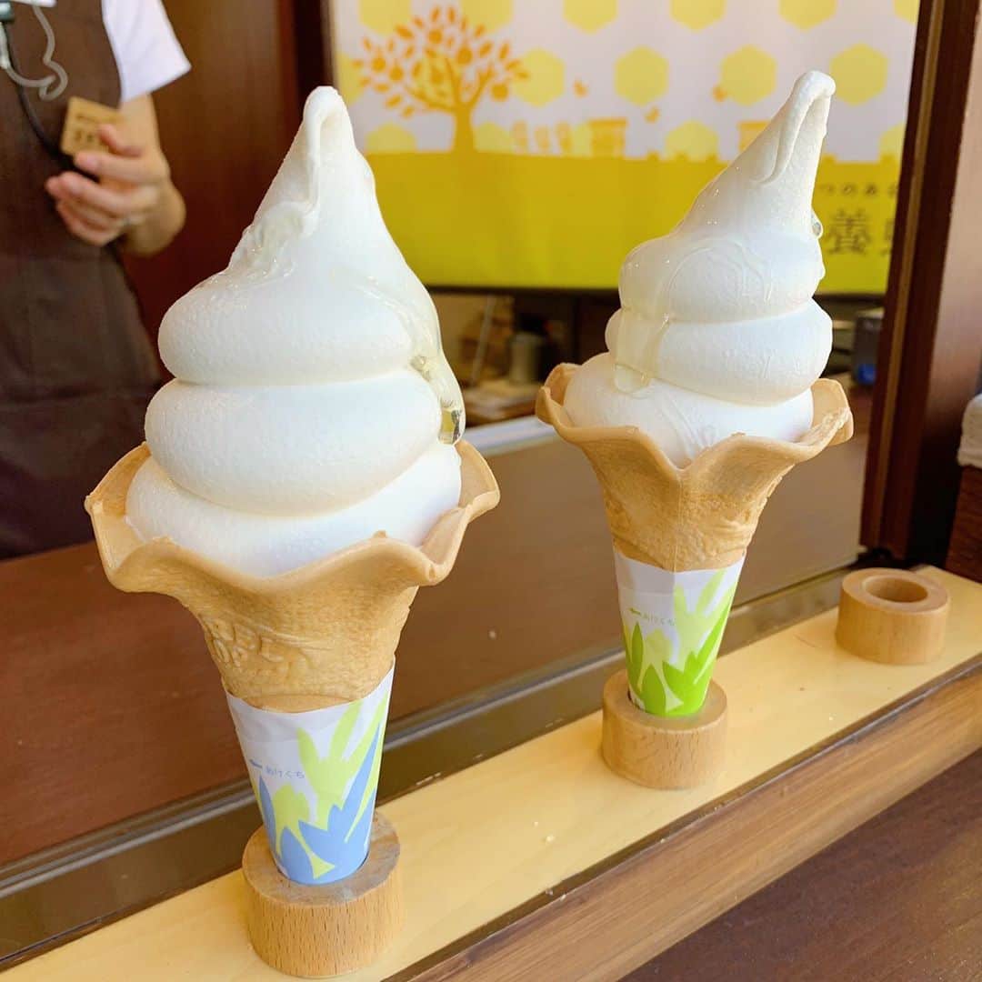 AKARIのインスタグラム：「#長坂養蜂場 💛🧡 はちみつソフトにさらに追いはちみつしてくれてめっっちゃ美味しい🍦」