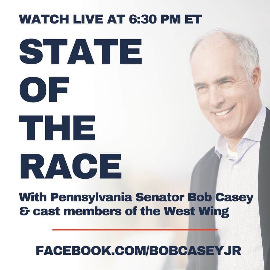 メアリー・マコーマックのインスタグラム：「Hey all - tune in to hear what the state of the race is in Pennsylvania!  My #westwing brother @bradleywhitford and I will ask Bob Casey to  give us the facts.」