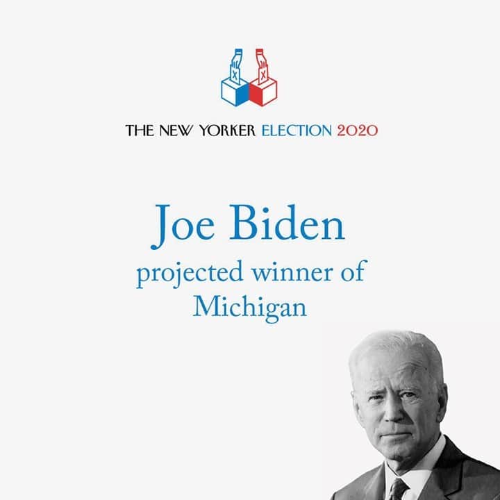The New Yorkerさんのインスタグラム写真 - (The New YorkerInstagram)「Joe Biden is projected to win Michigan, a key state for both campaigns. Biden's path to victory may depend on winning either Nevada or Pennsylvania, two states where we may not know the outcome for days. In 2016, Donald Trump won Michigan by about 10,000 votes—proportionally, the slimmest margin of any state. Tap the link in our bio to see the latest results on our live map, and to read our analysis of the race so far.」11月5日 8時02分 - newyorkermag