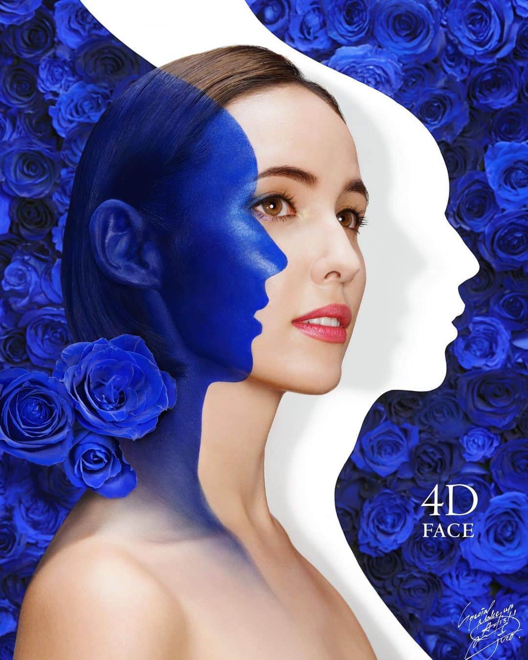 のインスタグラム：「FACE MAKE 4D のポスター用に作品制作をしました。 4Dの4を4つの顔シルエットで表現しました！ ． I created a new artwork for the "FACE MAKE 4D" poster for AXIS. I depicted 4D's "4" in 4 face silhouettes!  ． Face Paint & Makeup : Amazing JIRO Flower Collaborator : Daisuke Shimura @daisuke_shim Model : erisa @norotann  Photo : Youhei Kodama @komadax_photo Studio : KAMEIDO STUDIO @kameidostudio.tokyo Product : FACE MAKE 4D PRO by AXIS  @axis_kanazawa Produce : YOUND Inc. ． #amazing_jiro #facemake4d #bodymake4d #beauty #cosmetic #esthetic #skincare #facecare #beautycare #facecream #cosmetics #makeup #facepaint #rose #flowers #美容 #美容液 #スキンケア #マッサージクリーム #肌ケア #美肌 #美肌ケア #小顔 #小顔マッサージ #美活 #顔筋トレ #ビューティー #メイク #バラ #花」