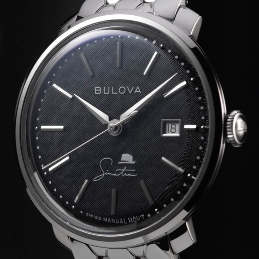 ブローバのインスタグラム：「“The Best is Yet to Come” is one of three distinctive timepieces in Bulova’s new Frank Sinatra collection, featuring the singer’s iconic fedora on the dial and etched on the crown, and an open case back that reveals the fine Swiss-made Sellita Caliber 19-jewel manual wind mechanical movement.  #Bulova — ⏱: 96B345 MSRP: $1,150.00 USD CASE: ø 40 mm — ⏱: 97B195 MSRP: $1,195.00 USD CASE: ø 40 mm — ⏱: 96B346 MSRP: $1,350.00 USD CASE: ø 40 mm」