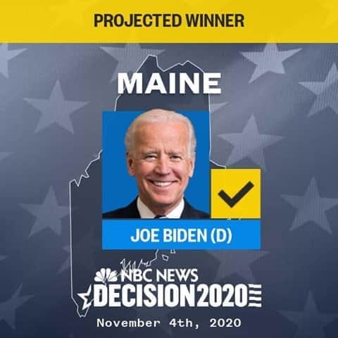 NBC Newsさんのインスタグラム写真 - (NBC NewsInstagram)「BREAKING: Joe Biden wins Maine, NBC News projects.  Biden is projected to win at least 3 of 4 electoral votes.」11月5日 2時01分 - nbcnews
