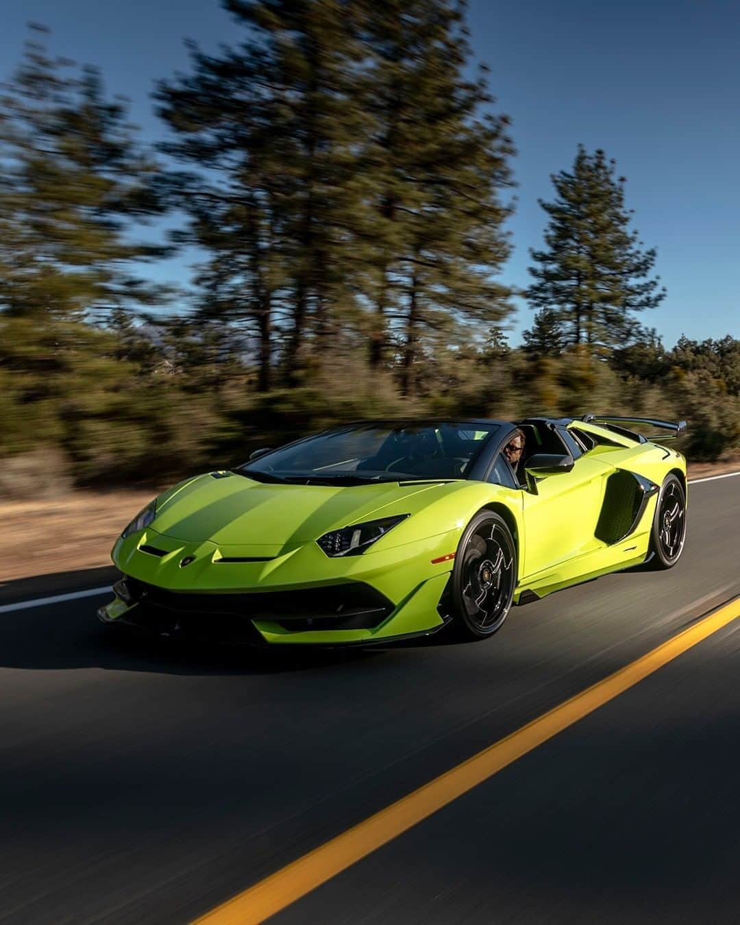 ランボルギーニのインスタグラム：「If the road could talk, it would ask our Aventador SVJ Roadster not to stop anymore.  Can you guess the color of this iconic model? Is it Verde Ithaca or Verde Scandal?   #Lamborghini #AventadorSVJRoadster #GuessTheColor」
