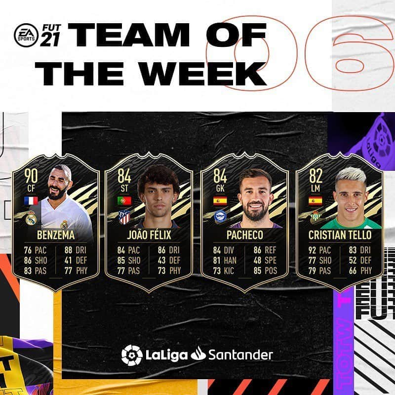 LFPさんのインスタグラム写真 - (LFPInstagram)「Four #LaLigaSantander players made it into this week's #TOTW! 🎉   💯 @karimbenzema  💯 @joaofelix79  💯 @fpacheco92  💯 @ctello91   ¡Cuatro estrellas de #LaLiga Santander en el #TOTW de @easportsfifa de #FIFA21!」11月5日 3時07分 - laliga