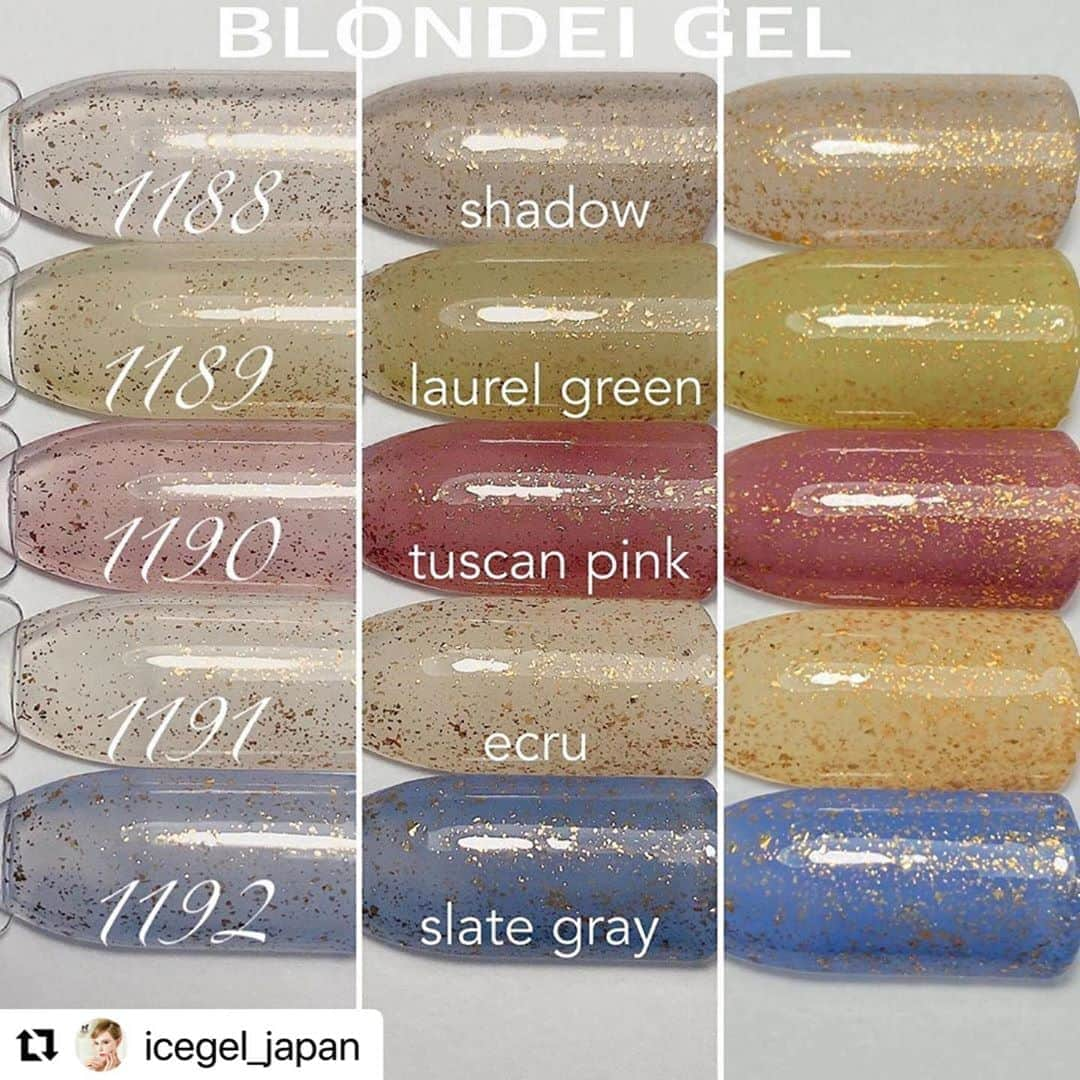 Icegel Nailさんのインスタグラム写真 - (Icegel NailInstagram)「🛍Online Shop : www.icegel.online . 日本語もあります こちらからご購入ください 🛍www.icegel.online🛍  . #Repost @icegel_japan with @make_repost ・・・ #Repost @kanae_leanail ・・・ .﻿ アイスジェルさんの新商品❤️﻿ 【ABLACK ブロンディジェル】﻿ ☑️1188　シャドー﻿ ☑️1189　ローリエグリーン﻿ ☑️1190　トスカーナピンク﻿ ☑️1191　エクリュ﻿ ☑️1192　ストレートグレー﻿ ﻿ 左:一度塗﻿ 中:二度塗り﻿ 右:三度塗り﻿ 一色でこんなに変化を楽しめます✨﻿ さらっと塗ればニュアンスにも使えちゃう✌️﻿ ﻿ 流行りのくすみカラーにキラキラの金箔✨﻿ 金箔は薄いので﻿ 塗った時の凹凸はありません❤️﻿ 私はマット仕上げがおすすめ😍﻿ ニットネイルにしたら可愛いかも❤️﻿ 作ってみよっと😍﻿ ﻿ TAT オンラインショップ﻿ ⚠️本日 11月2日 14:00 発売﻿ ﻿ #ブロンディージェル﻿ #アイスジェル﻿  @icegel_japan  @icegelnail  @icegel_global  ❋ ❋ ❋ ❋ ❋ ❋ ❋ ❋ ❋ ❋ ❋ ❋ ❋ ❋ ❋ ❋ ﻿ 【写ネイル】@shanailpro ﻿ Kanae Produce Sticker﻿ ◉Kanae Flowers﻿ ◉Kanae Feather﻿ ◉Kanae Flower Message-Monotone-﻿ ◉Kanae Flower Message-Color-﻿ ◉Kanae Emblem﻿ ◉Kanae Ink﻿ ◉Kanae Smoke﻿ ◉Kanae Arabesque﻿ ◉Kanae classical Flowers﻿ ◉Kanae Ink Flowers﻿ ﻿ 《Designer》 @shucreem921 ﻿ ❋ ❋ ❋ ❋ ❋ ❋ ❋ ❋ ❋ ❋ ❋ ❋ ❋ ❋ ❋ ❋﻿ ﻿ #japan #kawaii #leanail #nail #nailart #instanails #gelnail #design #ネイル #ネイルアート #ネイルデザイン#naildesign #beauty #指甲 #美甲 #네일 #네일아트 #Гвоздь #Nagel #Ongle #Kuku #artist」11月5日 3時25分 - icegelnail