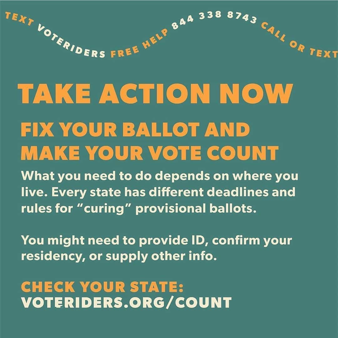 エイミー・シューマーさんのインスタグラム写真 - (エイミー・シューマーInstagram)「@thevoteriders • MAKE SURE YOUR PROVISIONAL BALLOT COUNTS!  As always, VoteRiders is here to help!!! Our voter services didn’t end with Election Day. You may need to take steps to fix your ballot, and we can help. Just call/text us at 844.338.8743 — and spread the word!  #CountEveryVote #IDCheck」11月5日 3時39分 - amyschumer
