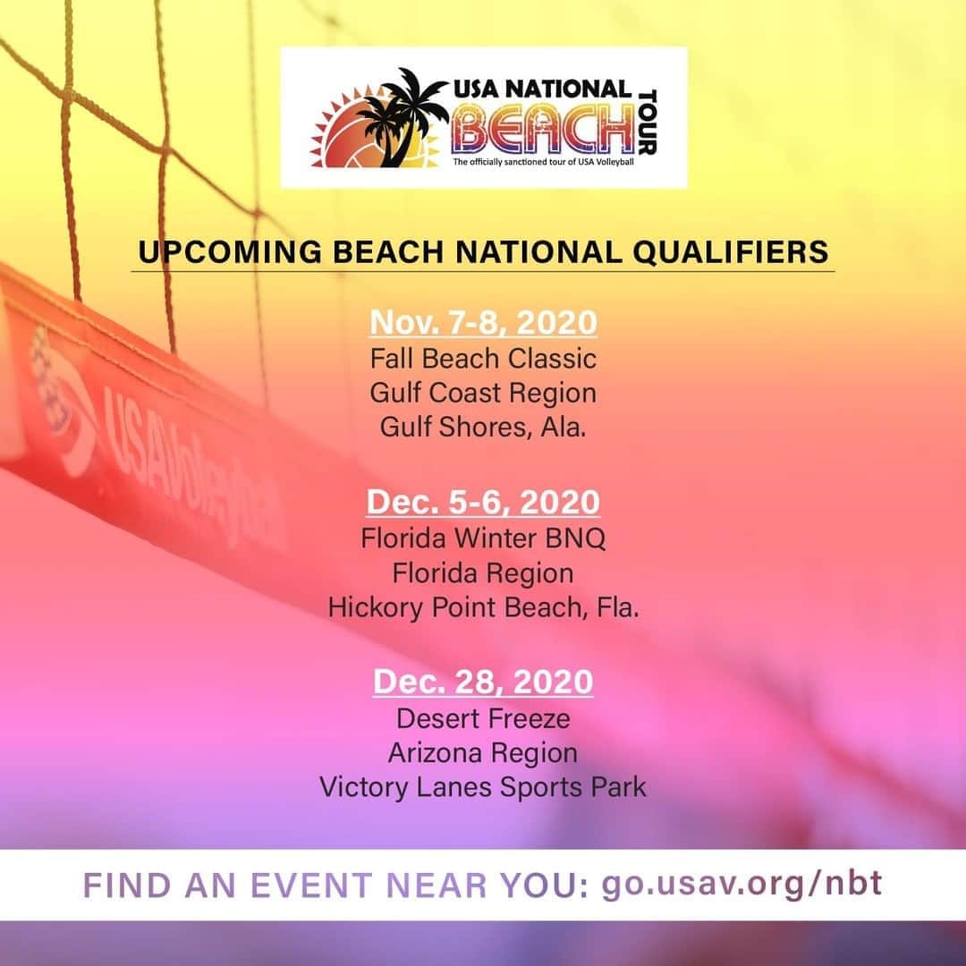 USA Volleyballさんのインスタグラム写真 - (USA VolleyballInstagram)「There are three events left on the National Beach Tour in 2020 and still time to register! Good luck to everyone competing at the Fall Beach Classic this weekend in Gulf Shores! ☀️  More #USAVnbt info and full schedule, link in bio!」11月5日 4時00分 - usavolleyball