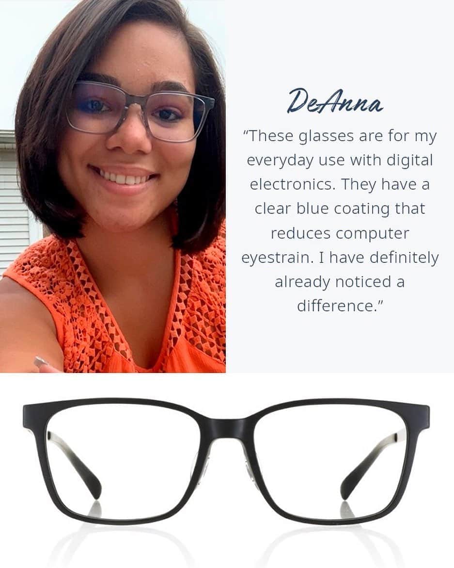 JINSのインスタグラム：「Our customers know best 🤓 DeAnna here loves using our Blue Light glasses for reducing computer eye strain.  For a limited time, our JINS SCREEN Blue Light Lenses are free (originally $60). Apply to any frame and grab a pair of blue light glasses today at jins.com」