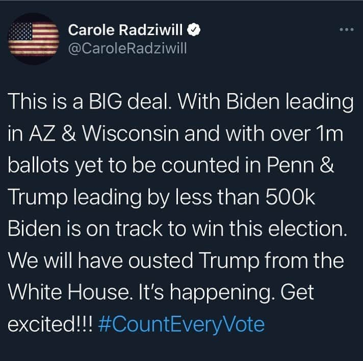 キャロル・ラドジウィルのインスタグラム：「I’m not writing a toast yet but be patient. It’s happening. 70 million people and counting....🇺🇸🇺🇸🇺🇸 • UPDATE: Won. 💃💃💃」