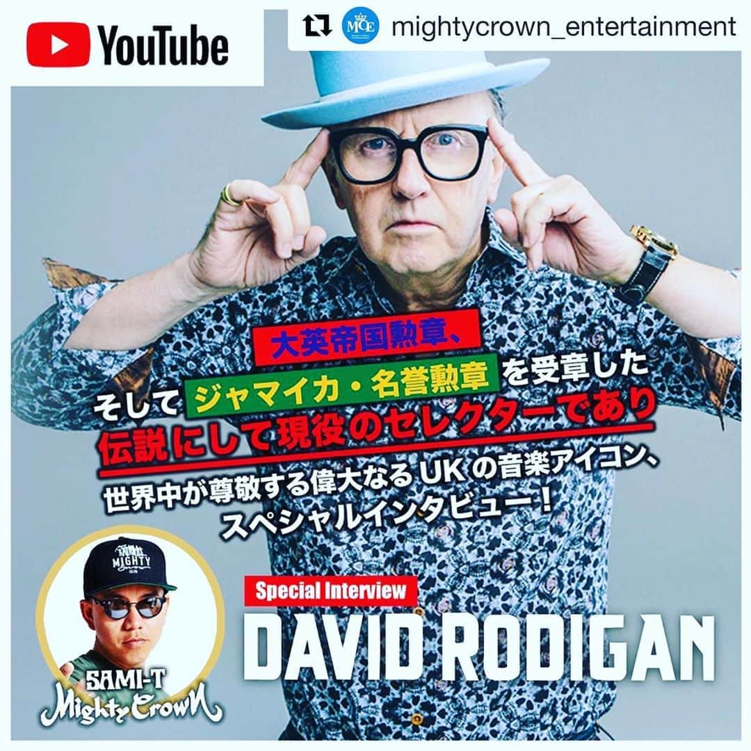 のインスタグラム：「Real living legend ! One of the selecta / mc / radio dj who I look up to over the years !!  黒人以外でここまでレゲエに貢献した人はいない！ ・・・ MIGHTY CROWN TV #6 - DAVID RODIGAN INTERVIEW [日本語字幕]  大英帝国勲章、そして今年2020年にジャマイカ政府より、その活動を讃え、 ジャマイカ国・栄誉勲章を受章した伝説にして現役のセレクター、 世界中の尊敬を集める偉大なるUKの音楽アイコン、 DAVID RODIGAN（デイヴィッド・ロディガン）のスペシャルインタビューが実現！  彼の貴重なインタビューをぜひ最後までご覧ください！ @mightycrown @samicrown_lens @davidramjamrodigan @irishandchin  #mightycrown #davidrodigan #reggae #dancehall #soundsystemculture #jamaica #england #japan」
