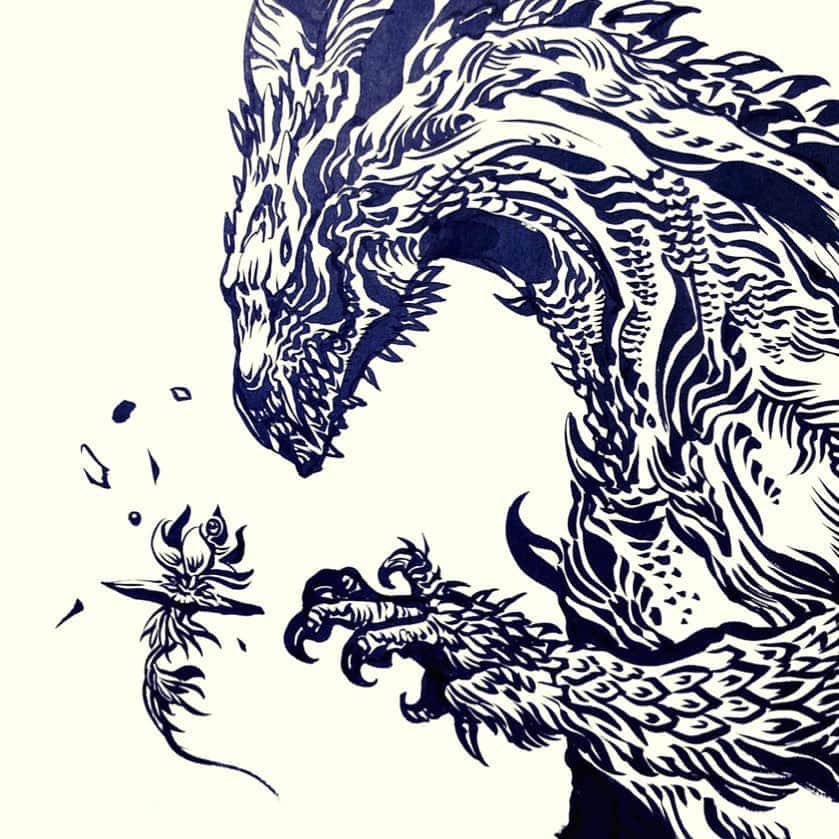 雨宮慶太のインスタグラム：「花を愛でる蒼き獣  #dragon #monster  #sketch #creature #japan  #Asia  #doddle  #sketch #woman #fairy  #pencil #drawing #draw #art  #illustration  #keitaamemiya」
