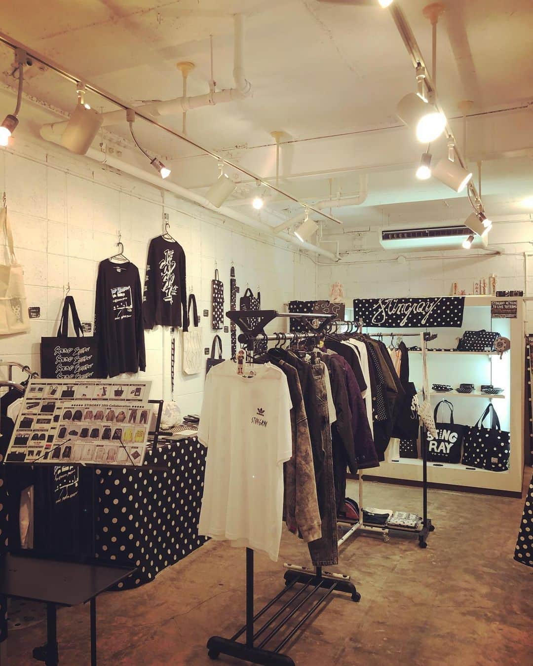 のインスタグラム：「【夕方高松水玉便り】 19時まで！ロックでクールでカッコいいセレクトショップ「AUDIO」 さん隣のAUDIO GALLERY(高松市常磐町2-3-36)にてコロナ感染防止対策してサウシュー写真展&STINGRAY10周年記念期間限定ショップ日曜日までオープン中！学校&仕事終わりに細心の注意してAUDIOさんとのハシゴで是非！店頭のみで発表してる秘密コラボTシャツもチェックをば！  #STINGRAY #スティングレイ　#adidas #高松　#AUDIO」