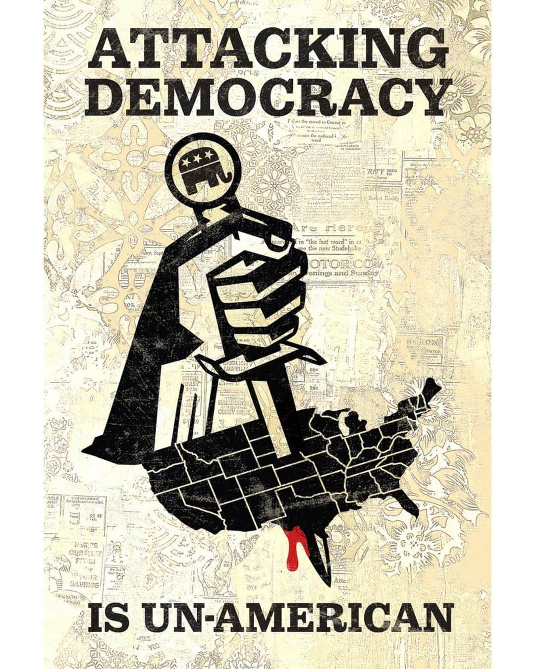 Shepard Faireyさんのインスタグラム写真 - (Shepard FaireyInstagram)「It Can’t Happen Here… but it is! Defend democracy. Fight to make sure every vote is counted and every politician is accountable to the people. -Shepard」11月5日 10時08分 - obeygiant