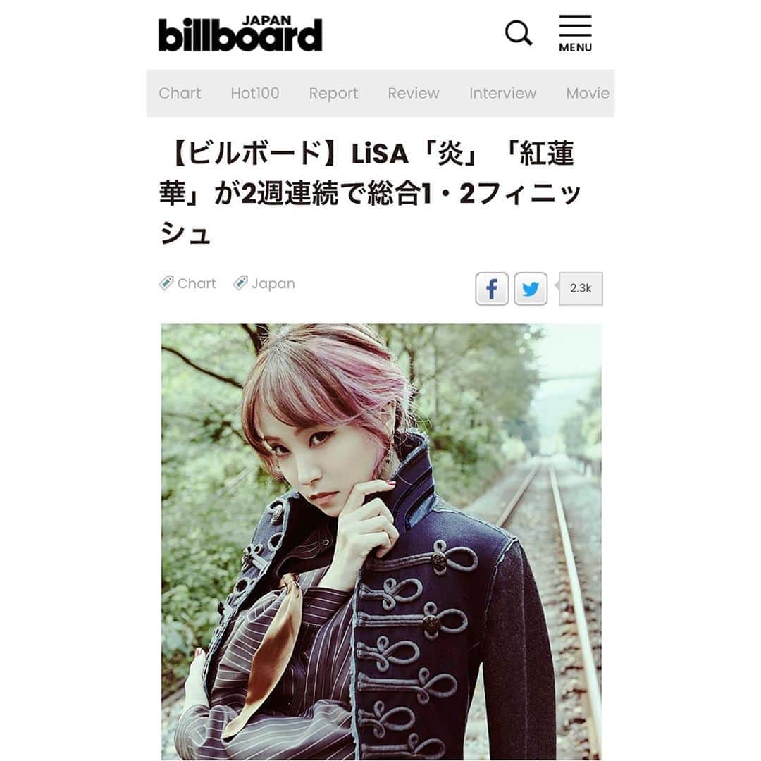 のインスタグラム：「ありがとうございます🦁🔥👹  RT 　2020年11月9日付（集計期間：2020年10月26日～11月1日）のBillboard JAPAN 総合ソング・チャート“JAPAN HOT 100”で、LiSAの「炎」が総合首位を獲得した。  　LiSAは「炎」と「紅蓮華」で“JAPAN HOT100”総合1位と2位を獲得し、2週連続で1・2フィニッシュを決めた。「炎」は、前週に引き続きCDセールス、PCのCD読み取り数のルックアップ、ダウンロード、ストリーミング、動画再生の5指標に加え、ラジオ指標でも1位を奪還し6冠を獲得した。」