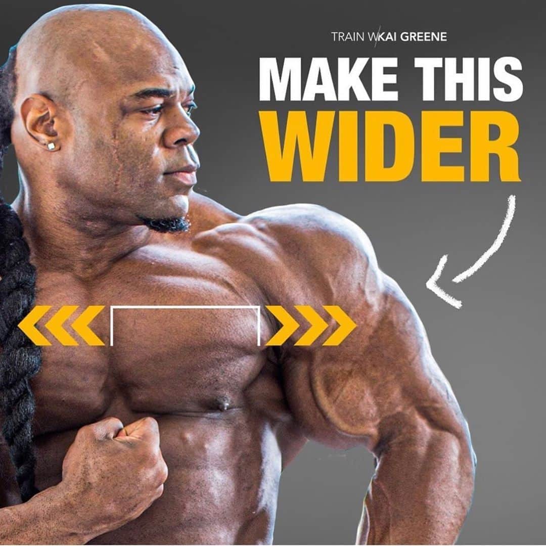 カイ・グリーンのインスタグラム：「🔥GET WIDER - HERE’S HOW 👉🏾Looking to get bigger and wider? Start off with 4-5 sets of rear delts, then side lateral raises, then get right into front raises!!  💥Download My Workouts Directly To Your Phone At Trainwithkai.com  Try doing Barbell Front Raises against a preacher curl rack. I use the rack to prevent myself from swaying aka cheating!!! Start off with a weight that’s comfortable, there's no need for ego lifting. Be sure to use control, and don’t rock!! Trust me when I say this will be a different kind of pump!!」